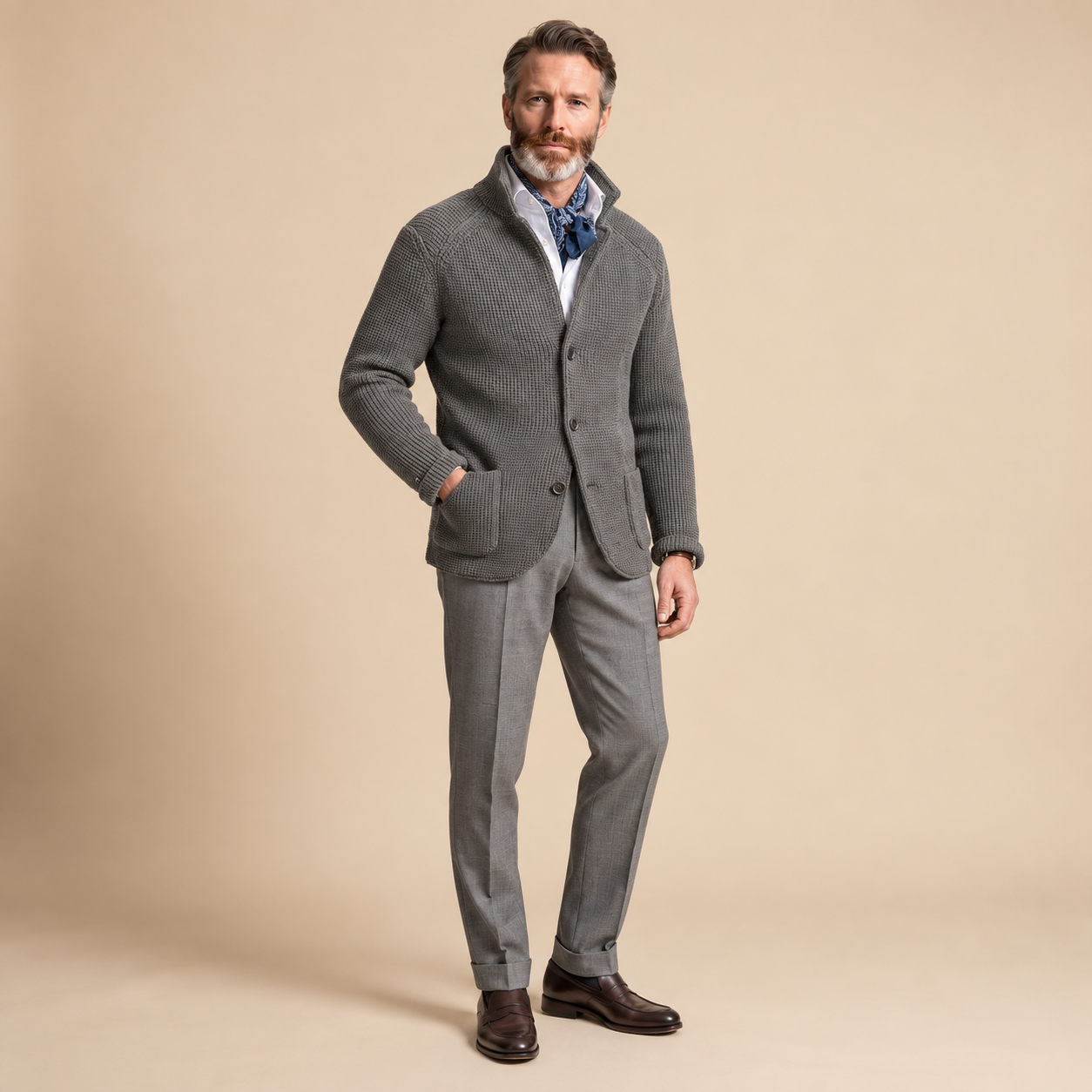 Raphael Cardigan in Grau mit Stehkragen und Knopfleiste, am Model