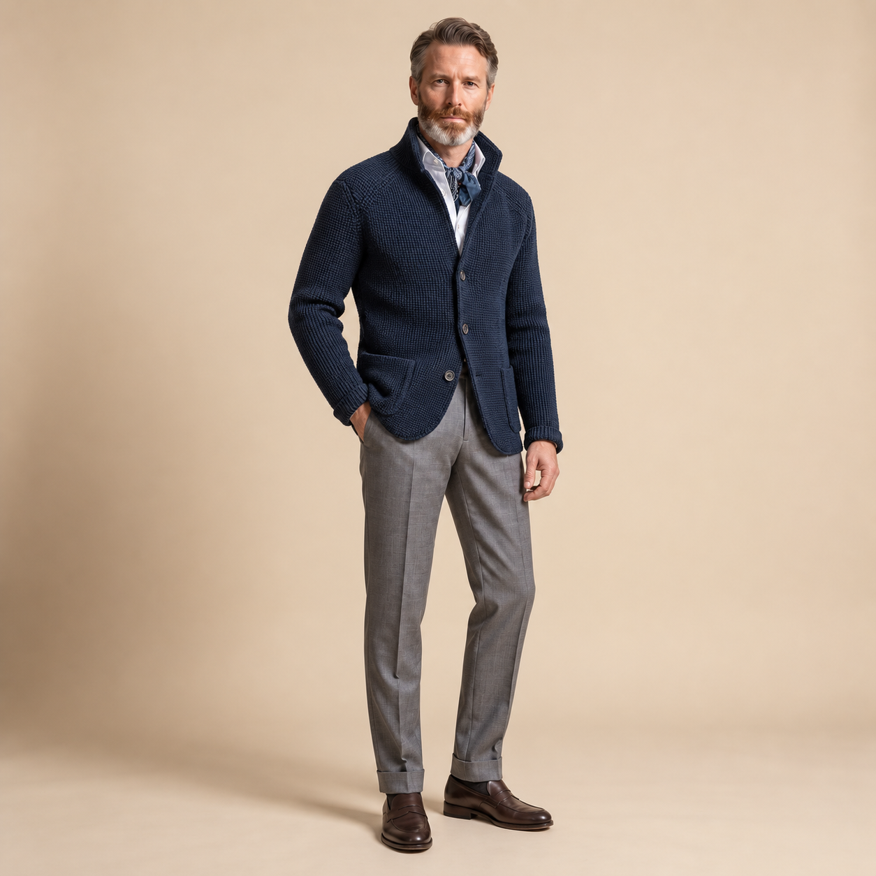 Raphael Cardigan in Blau mit Stehkragen und Knopfleiste, am Model