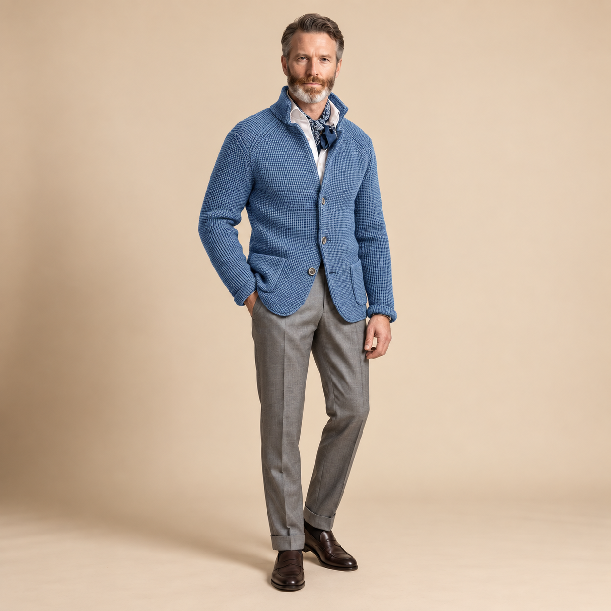 Raphael Cardigan in Himmelblau mit Stehkragen und Knopfleiste, am Model