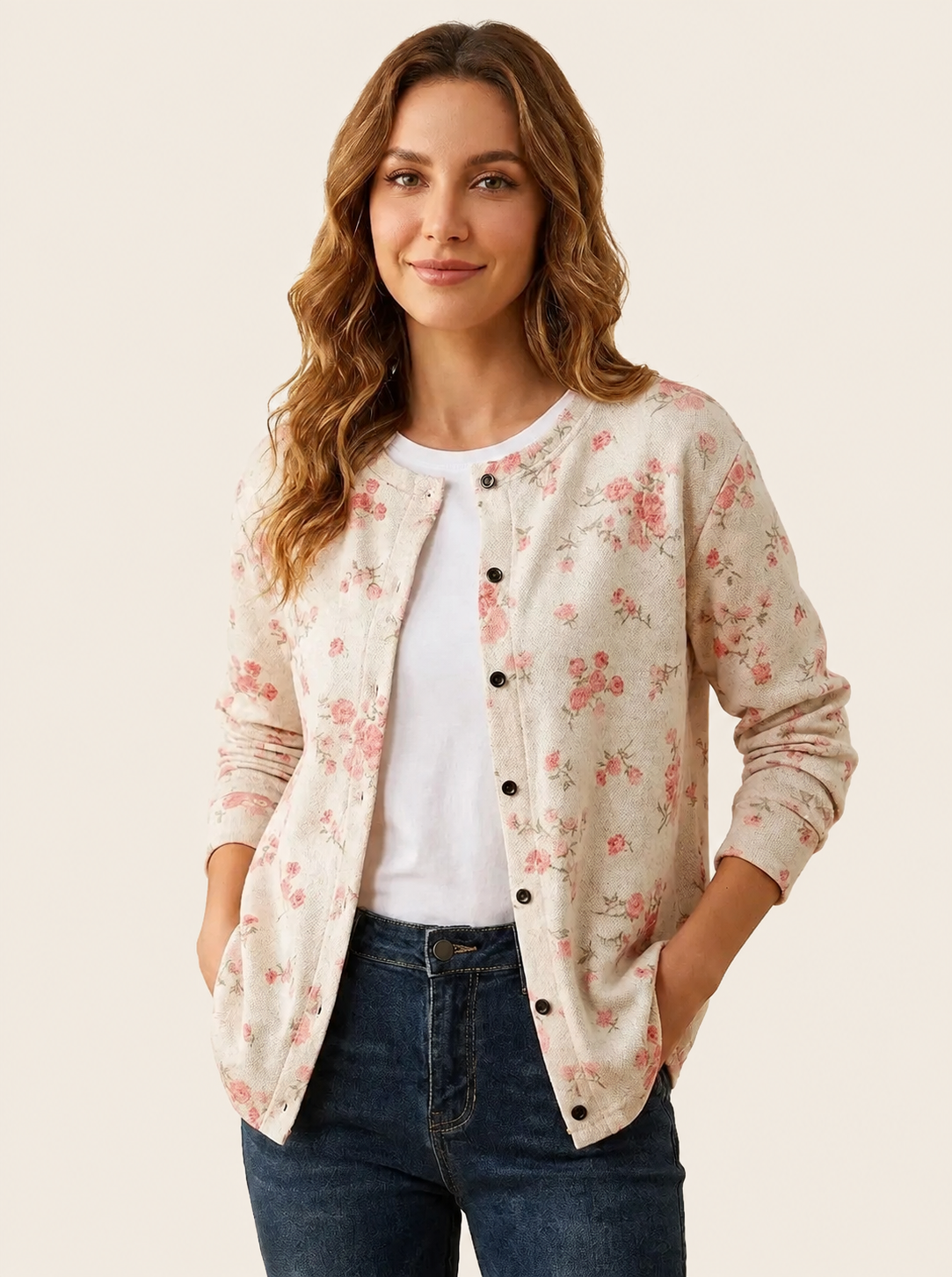 Cardigan mit Rosenblüten-Print – uniforme Produktaufnahme