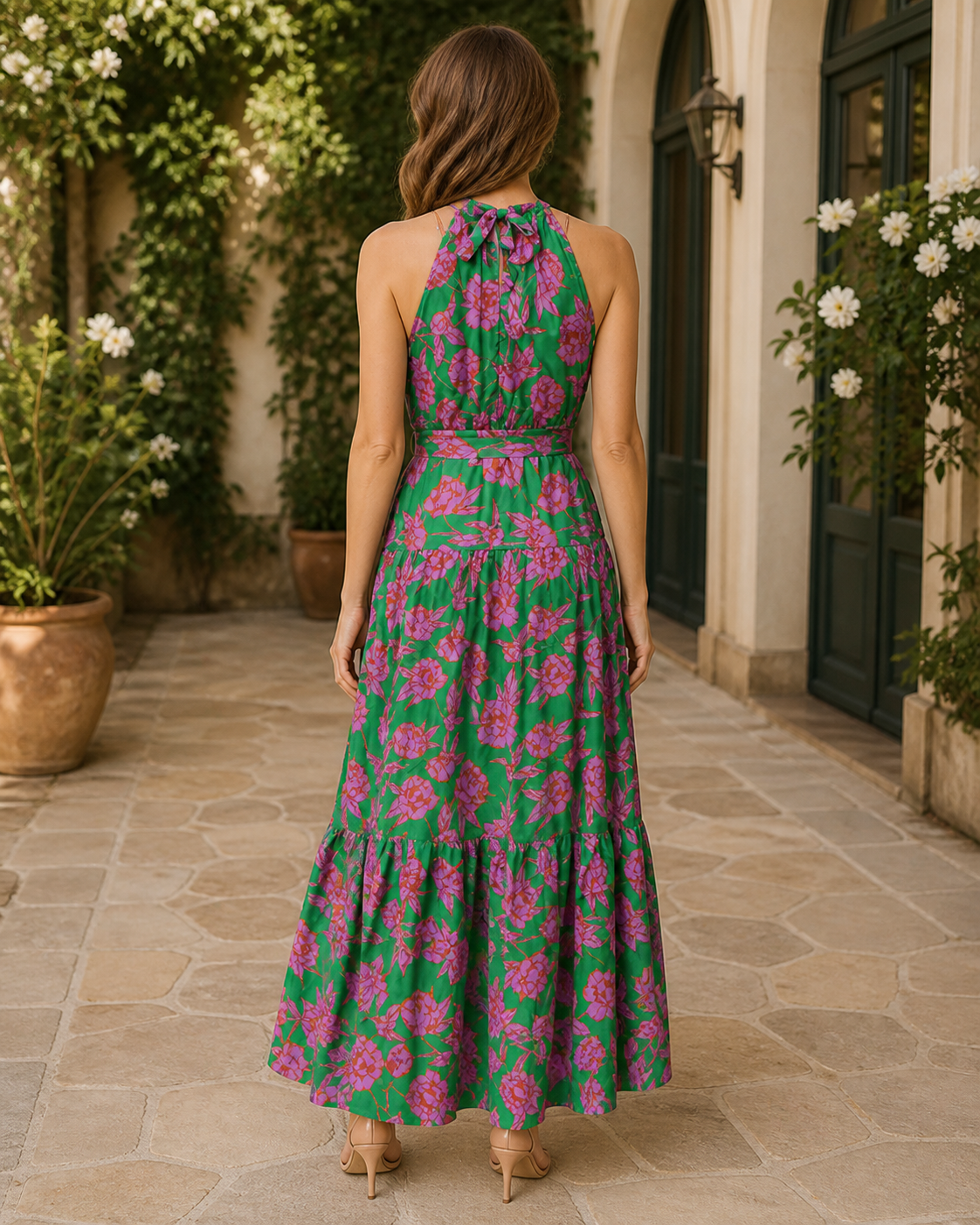 Evelina în rochie verde florală Rowen, vedere din spate în exterior