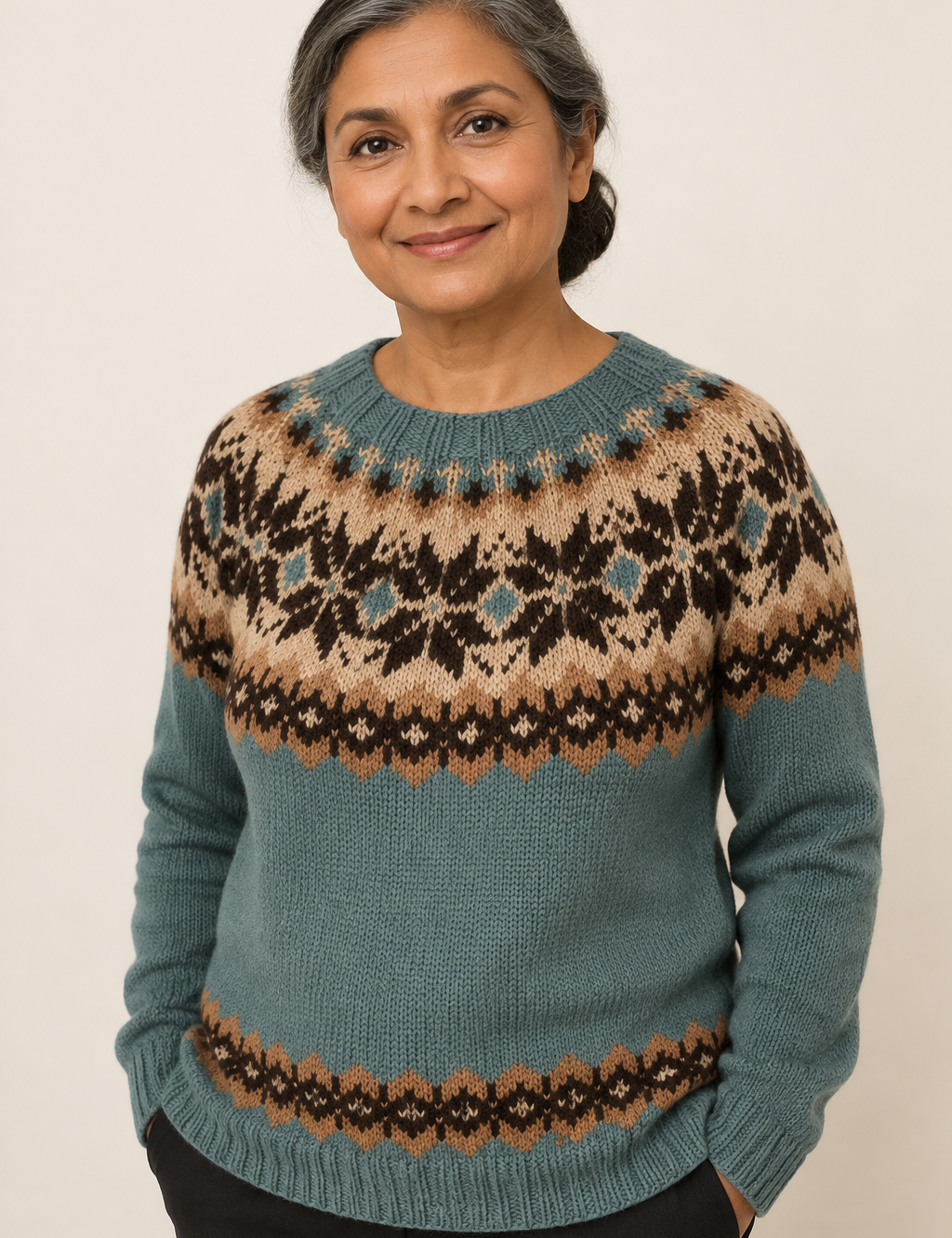 Roxana petrolfarbener Norwegerpullover an reifer Frau auf warmem beigem Hintergrund