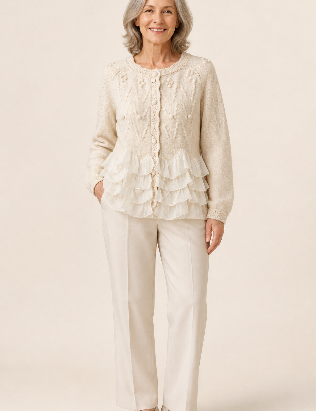 Ruffled Natural Cardigan – warmbeiger Studiohintergrund
