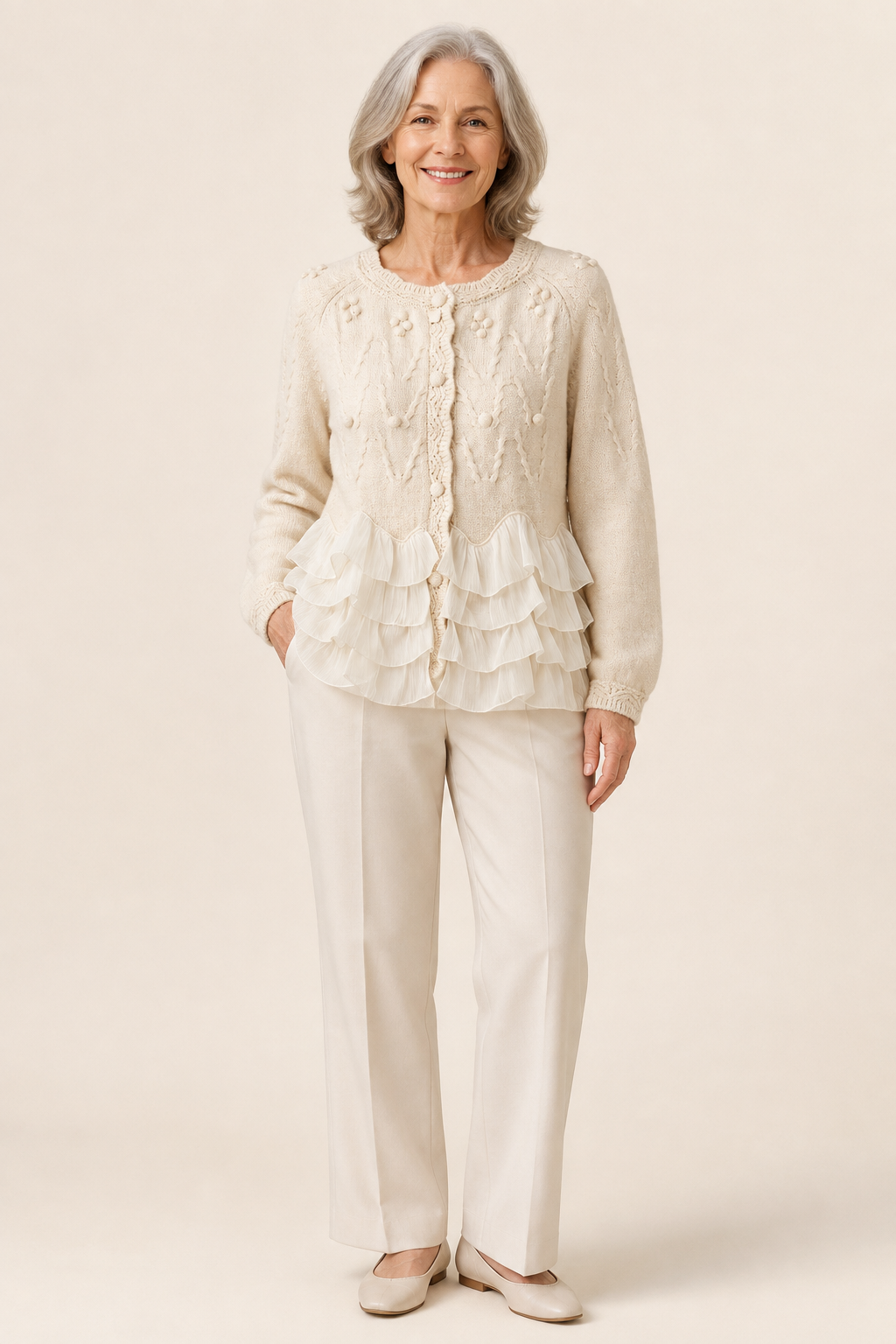 Ruffled Natural Cardigan – warmbeiger Studiohintergrund