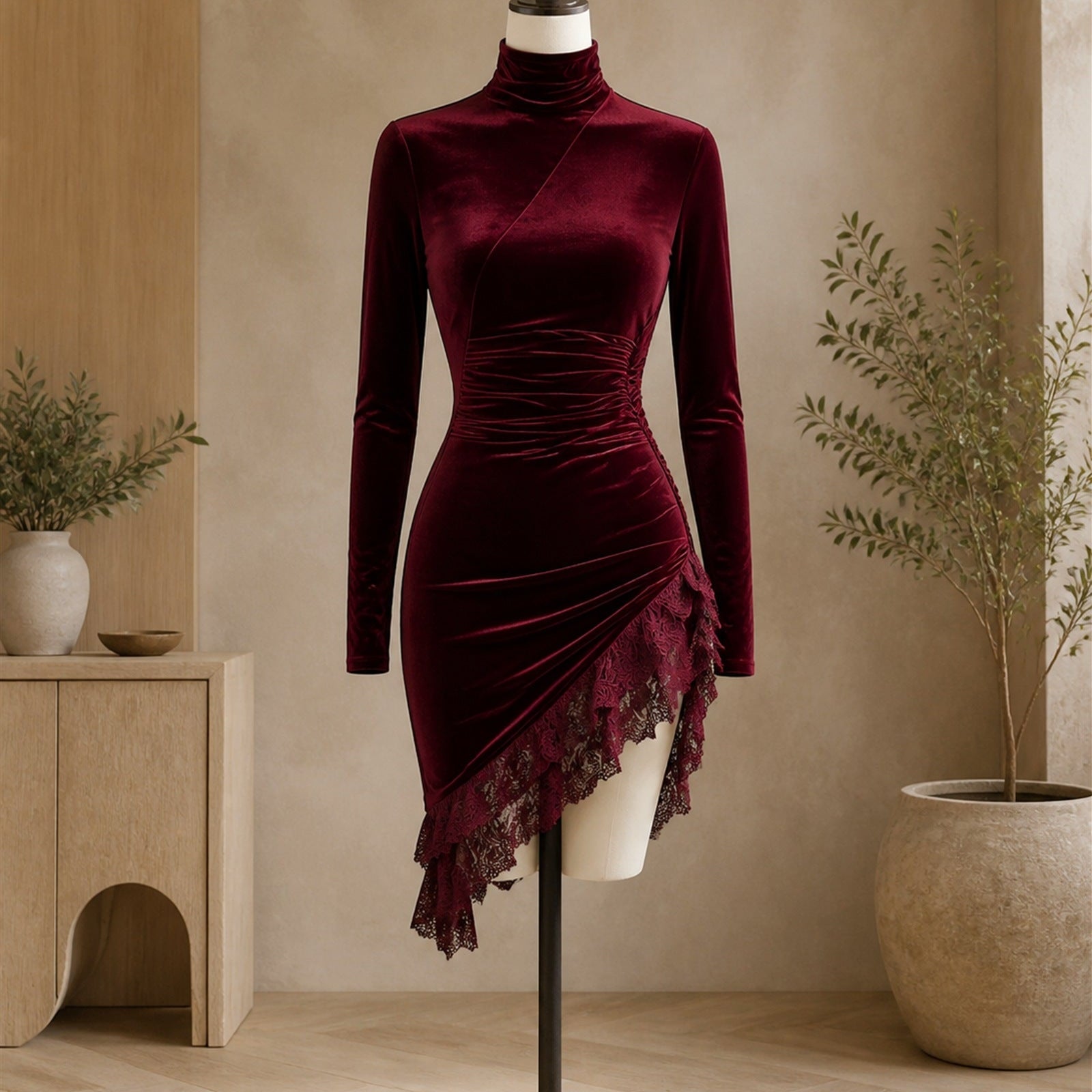 Sabina rochie burgundy din catifea - pe manechin