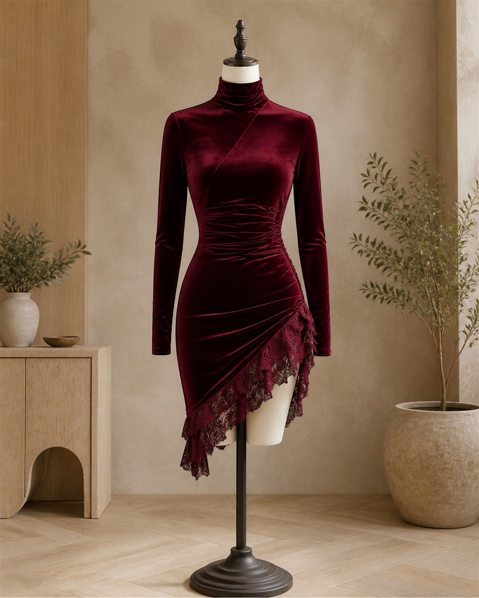 Sabina rochie burgundy din catifea - pe manechin