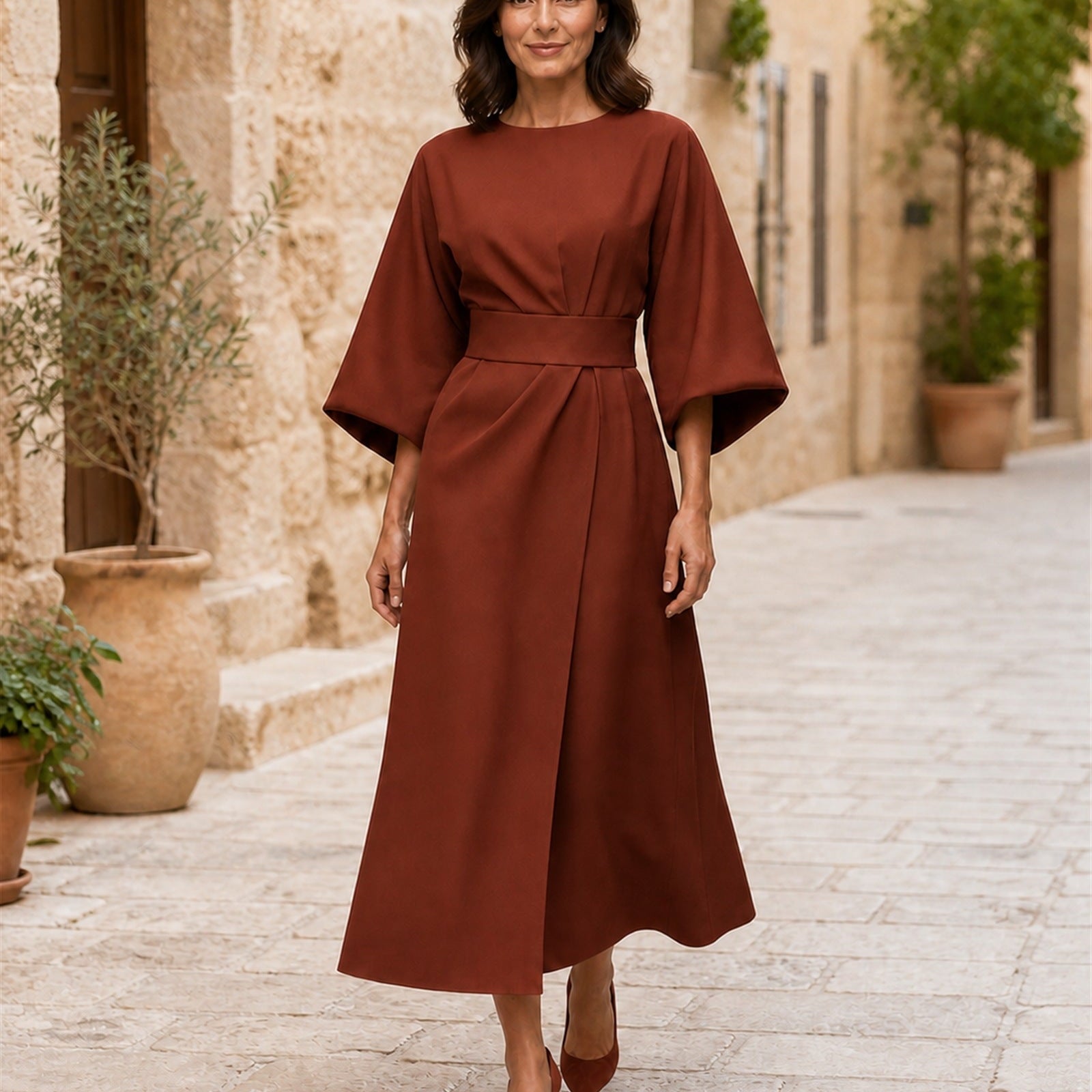 Rochie maro elegantă, vedere frontală în exterior