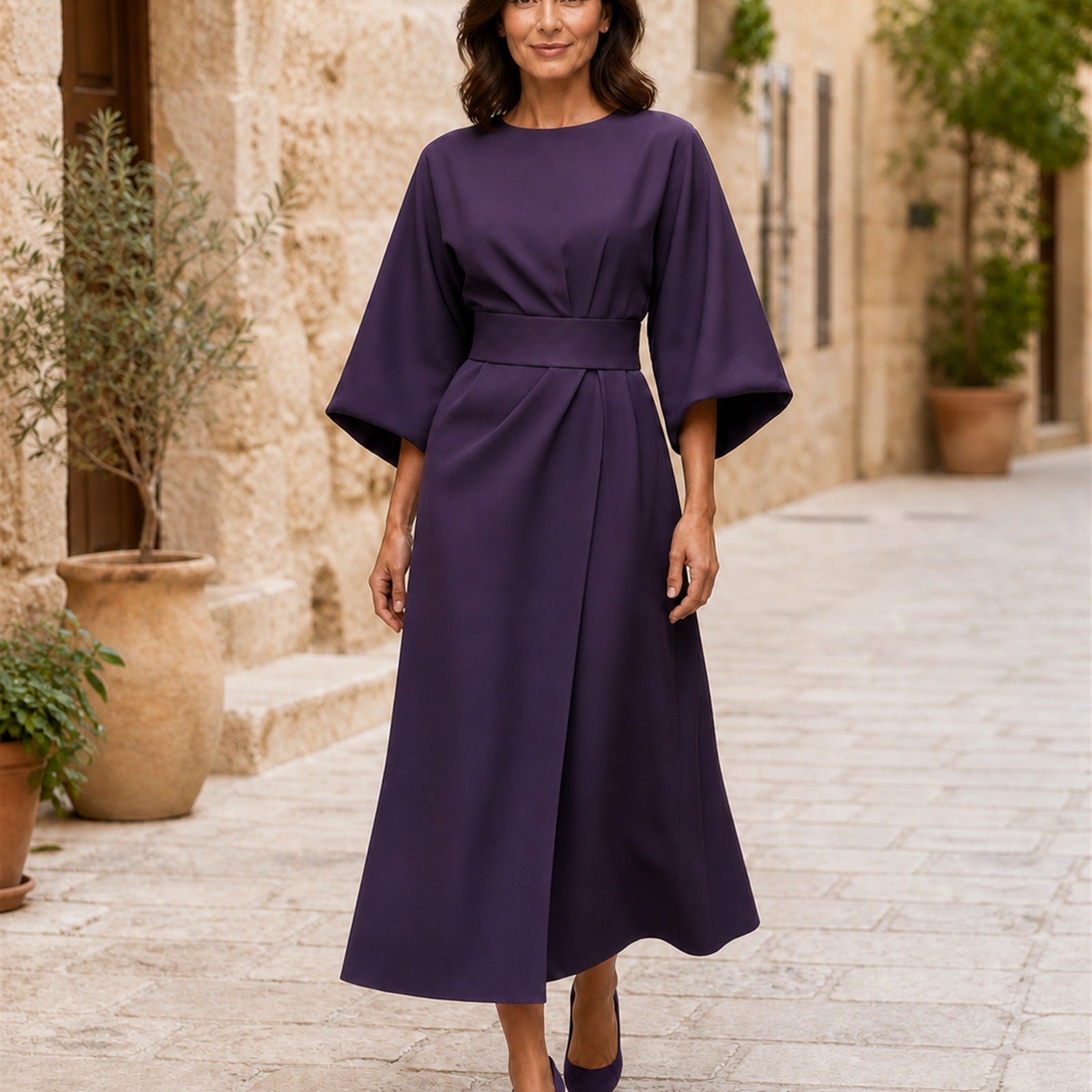 Rochie lila elegantă, vedere frontală în exterior