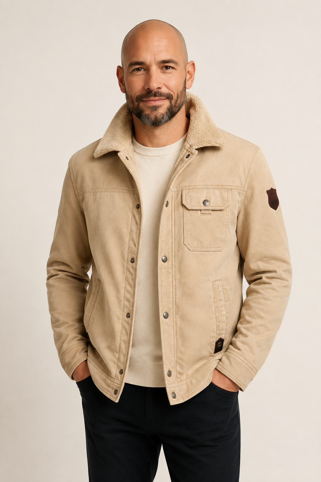 Sandfarbene Utility-Jacke mit Teddyfutter an Mann auf beigem Hintergrund