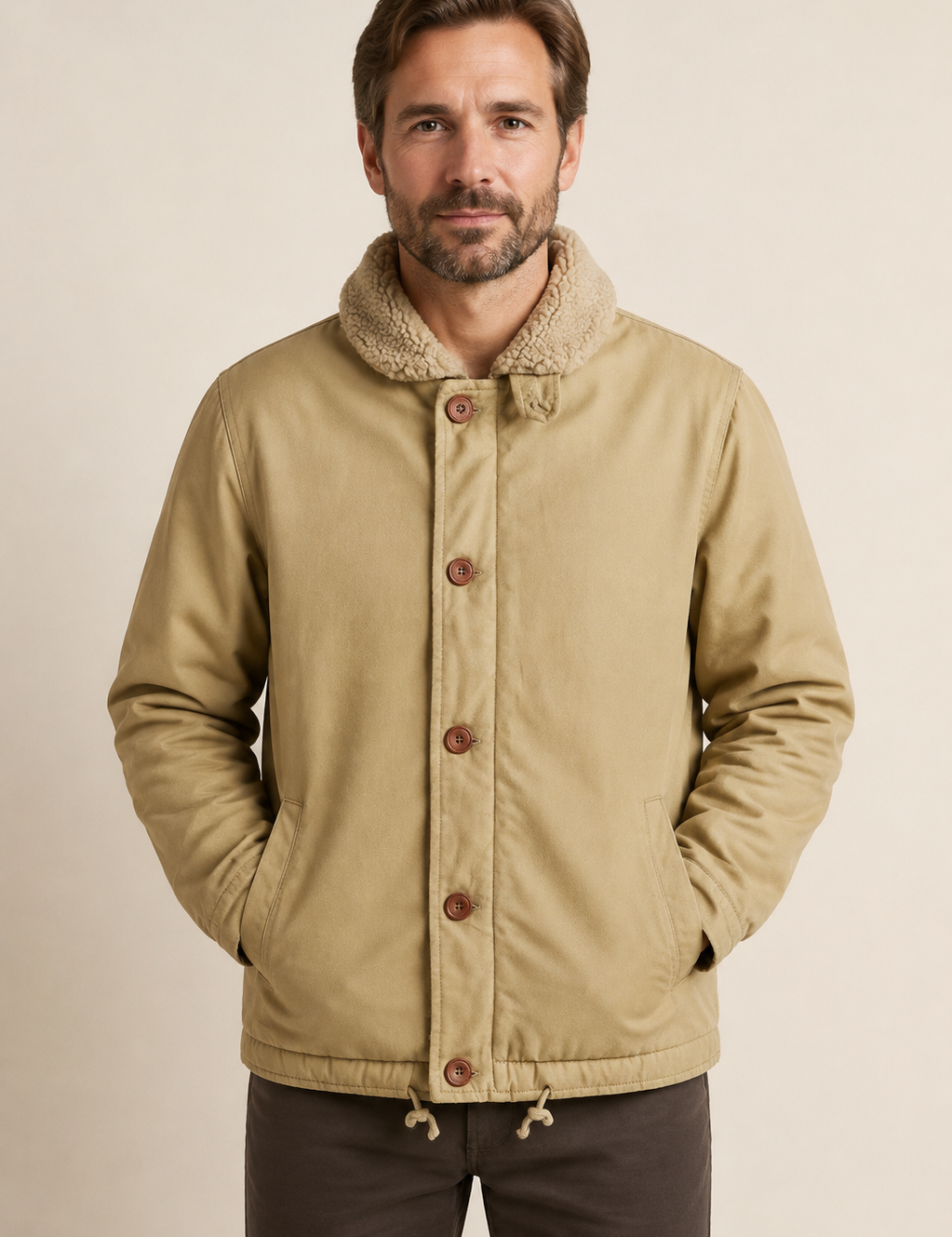 Sandfarbene Canvasjacke mit Teddykragen an Mann auf beigem Hintergrund