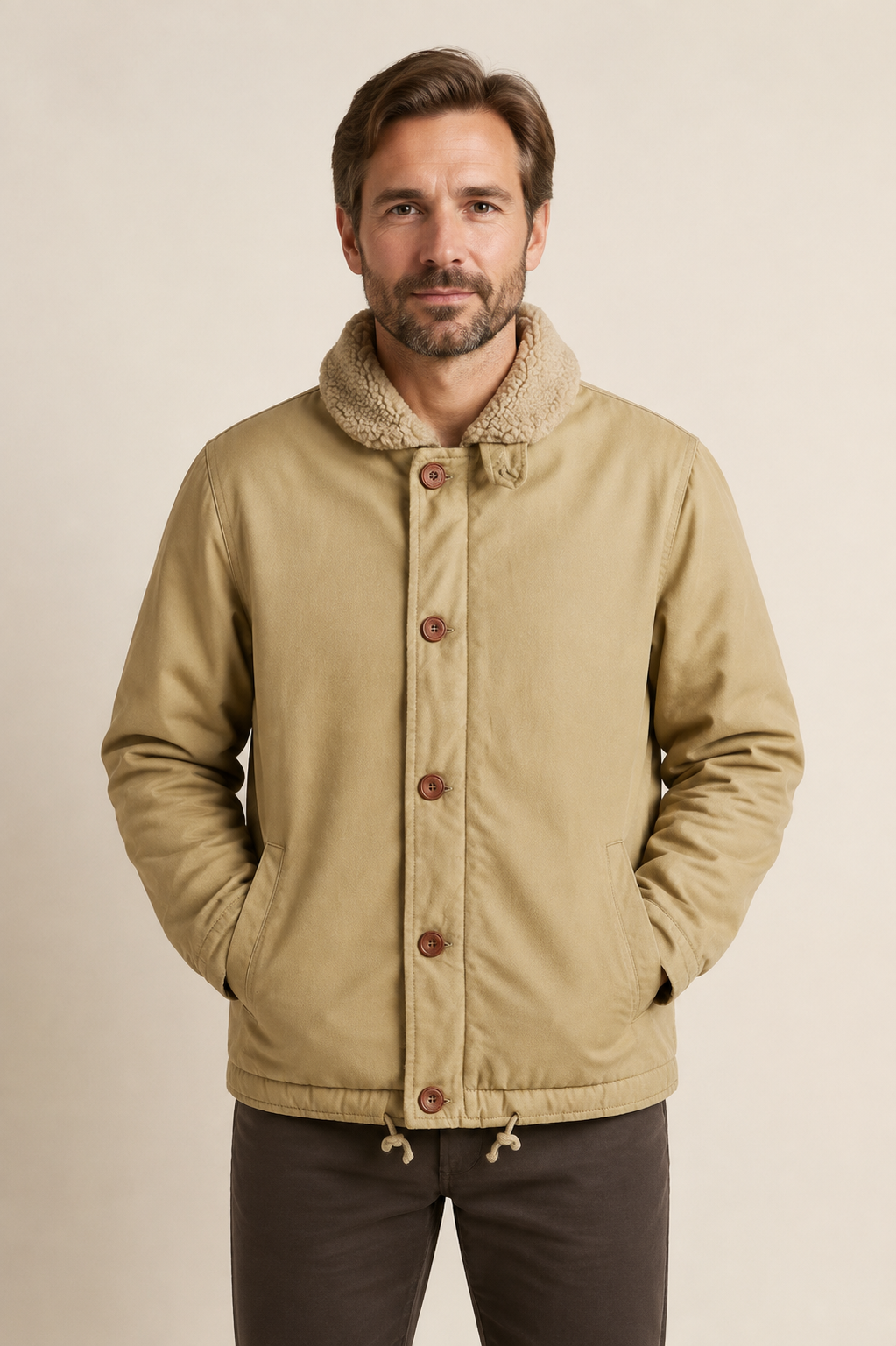 Sandfarbene Canvasjacke mit Teddykragen an Mann auf beigem Hintergrund