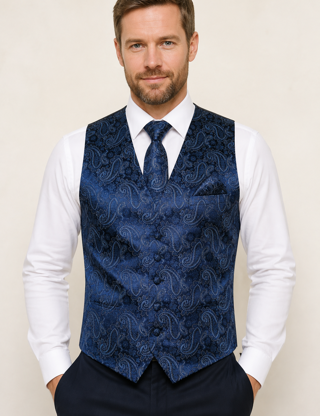 Schaft dunkelblaues Paisley-Westen-Set an Mann auf warmem beigem Hintergrund