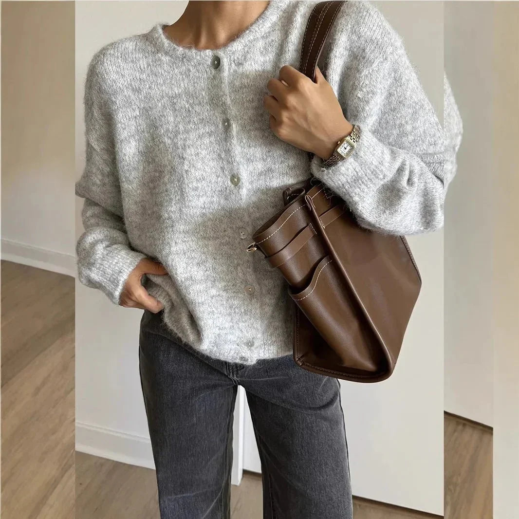 Damen crew-neck Cardigan mit langärmelig und Knöpfe – Bild 2