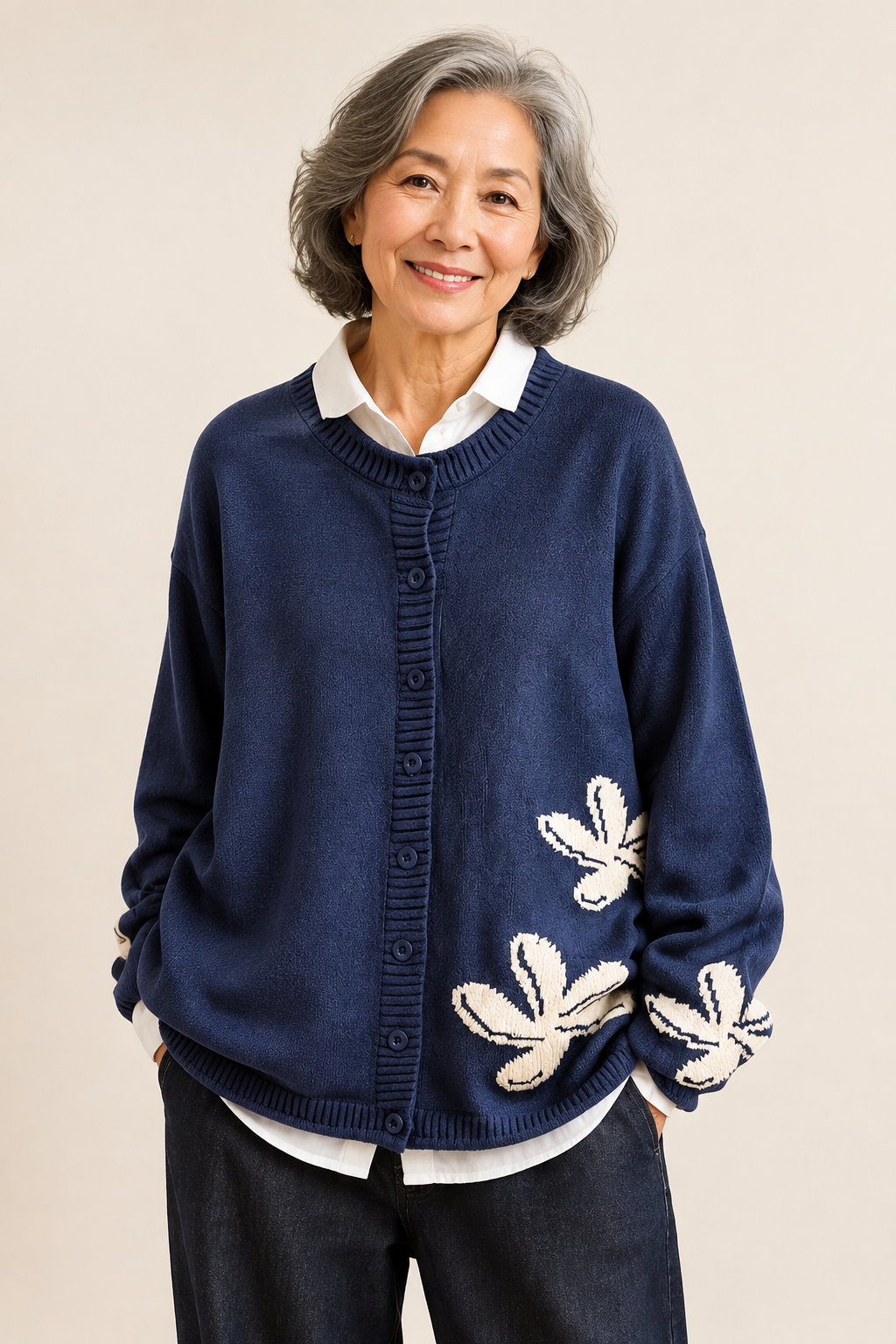 Seraphine | Floraler Strickcardigan – warmbeiger Studiohintergrund