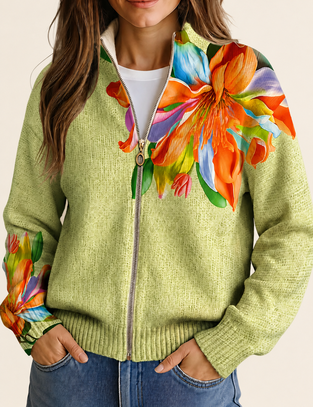 Sidonie | Damen Cardigan mit tropical lily pattern – warmbeiger Studiohintergrund