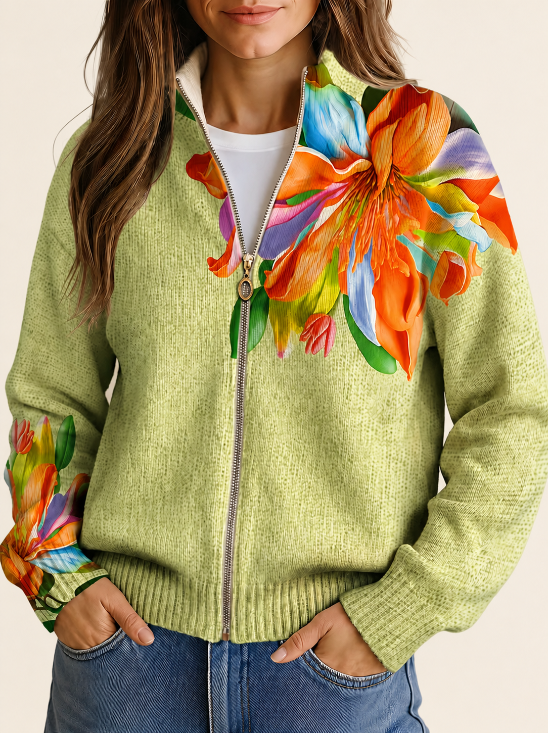 Sidonie | Damen Cardigan mit tropical lily pattern – warmbeiger Studiohintergrund