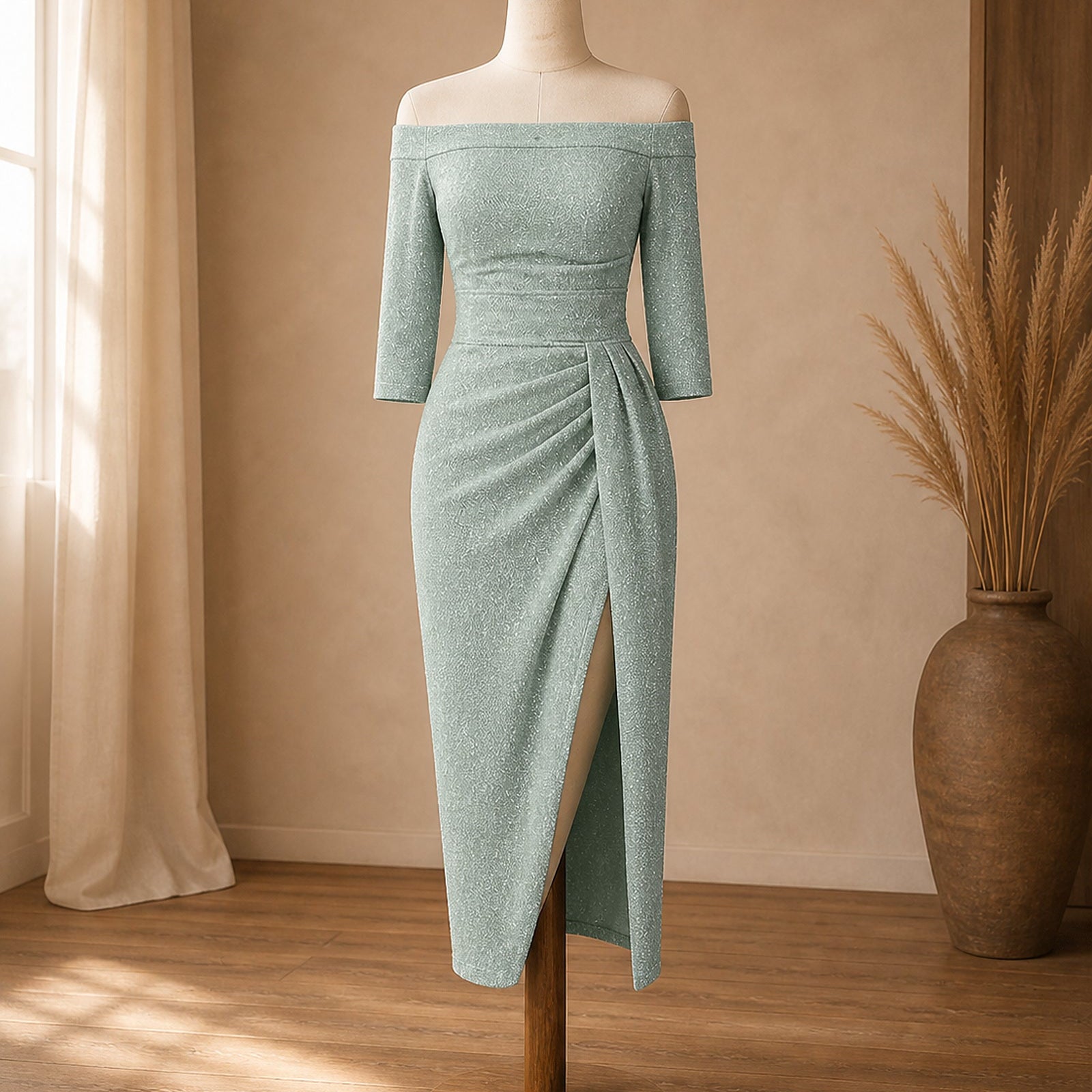 Rochie de gală verde-argintiu Silvia prezentată pe manechin