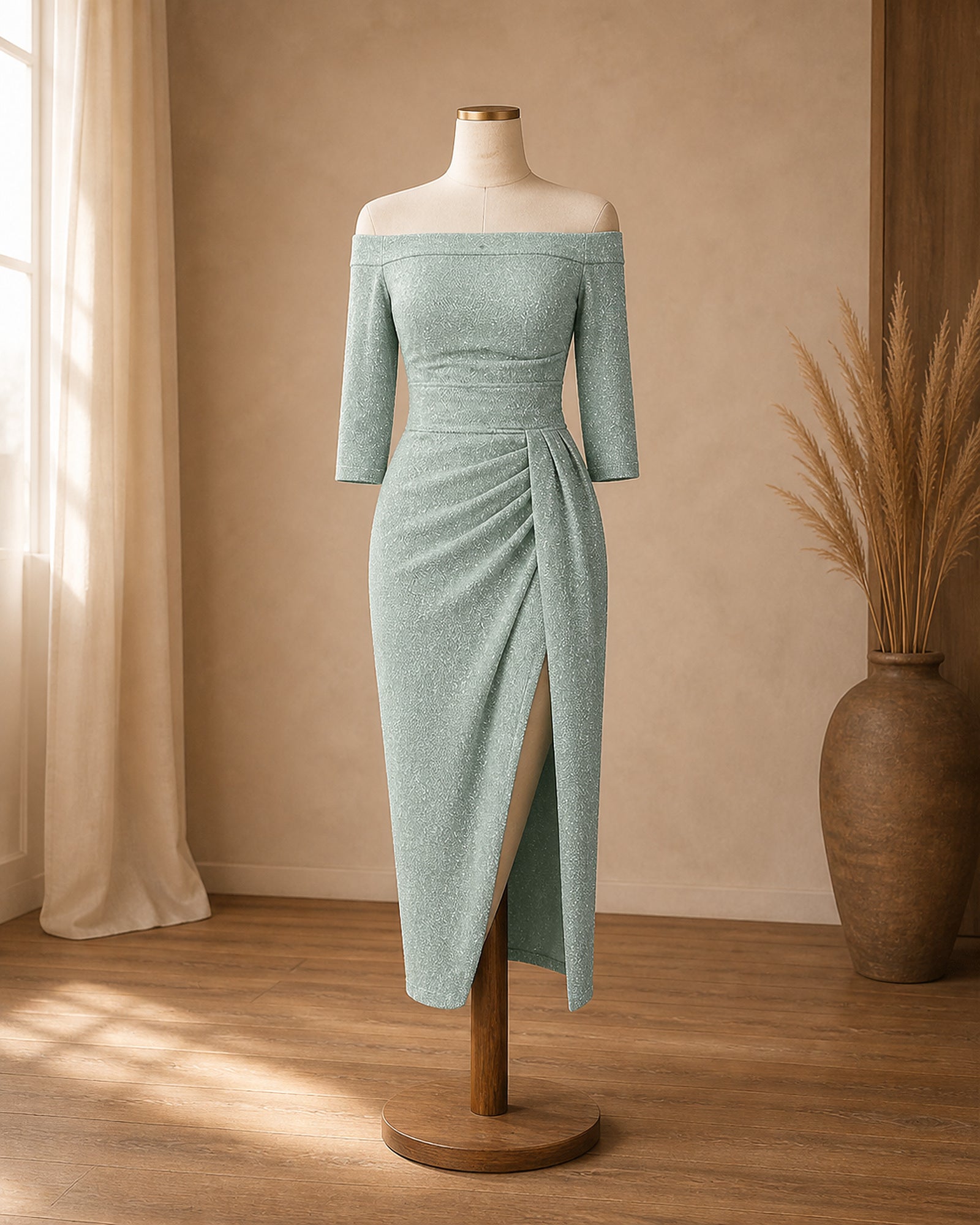 Rochie de gală verde-argintiu Silvia prezentată pe manechin