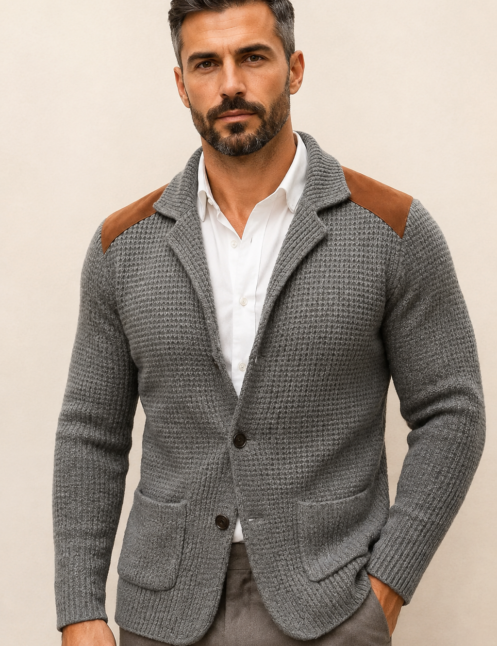 Silvoro grauer Stricktextur-Blazer an Mann auf warmem beigem Hintergrund