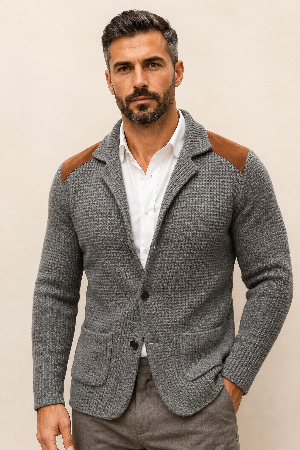 Silvoro grauer Stricktextur-Blazer an Mann auf warmem beigem Hintergrund