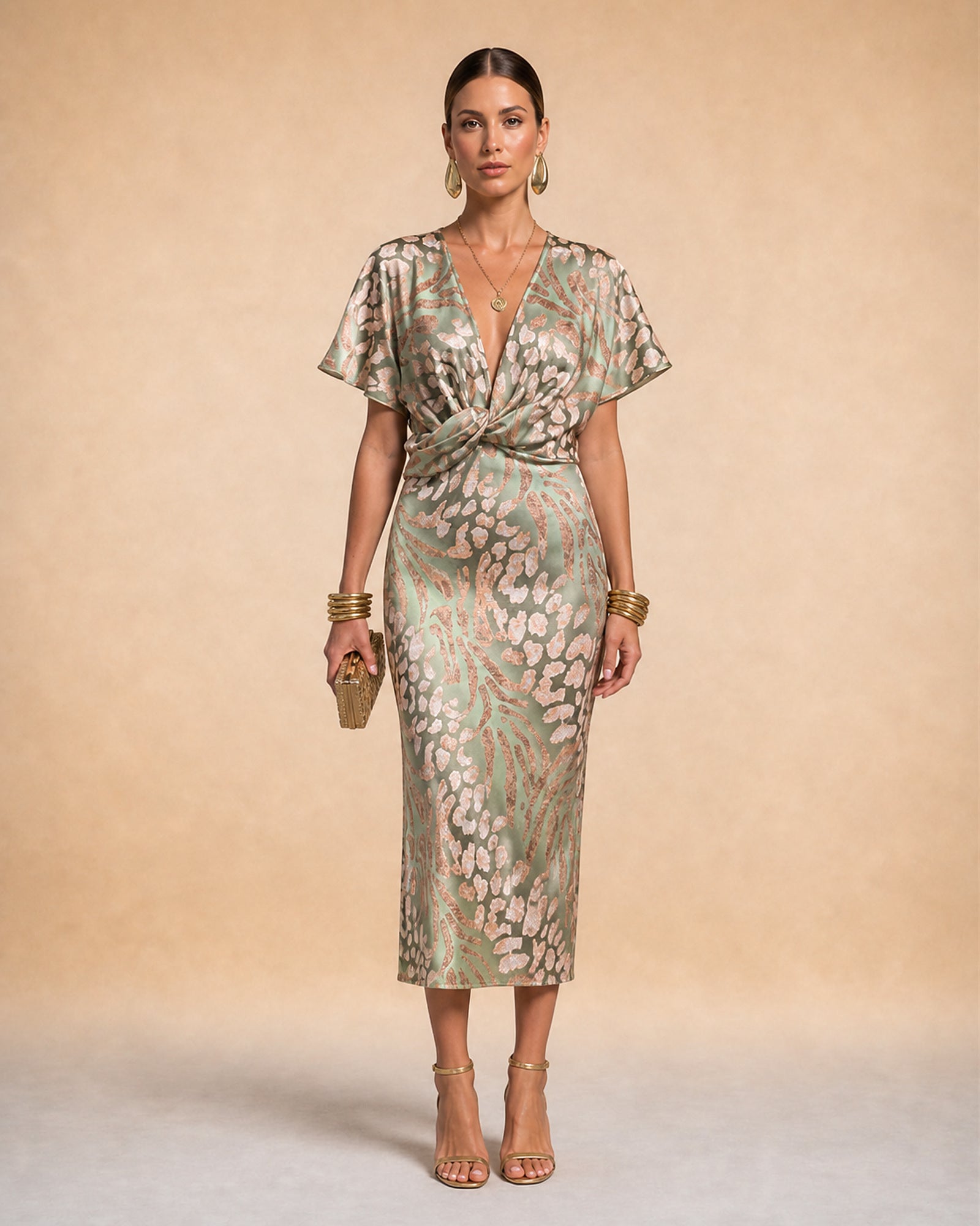 Simona - rochie midi satinată, vedere frontală în studio