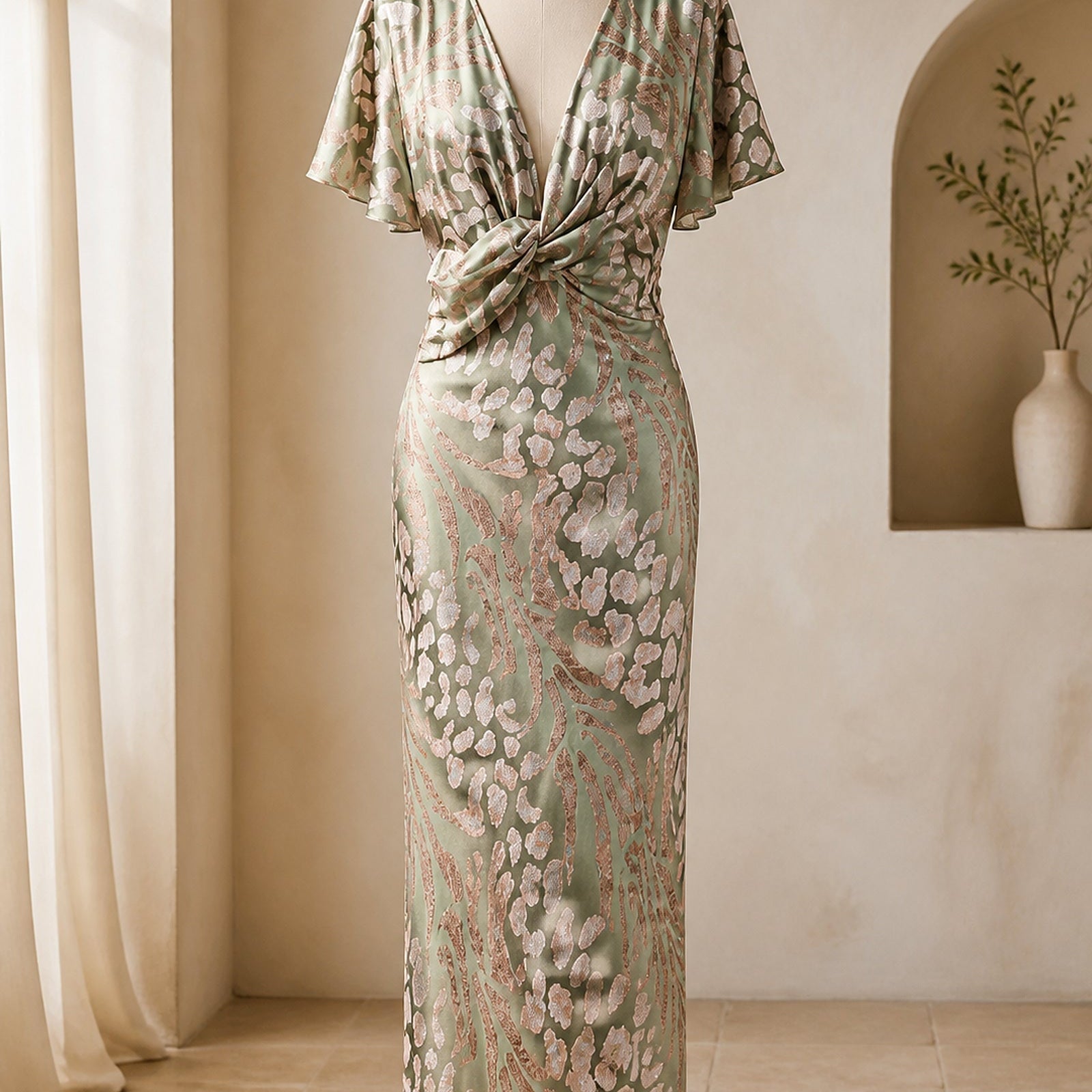 Simona - rochie midi satinată prezentată pe manechin