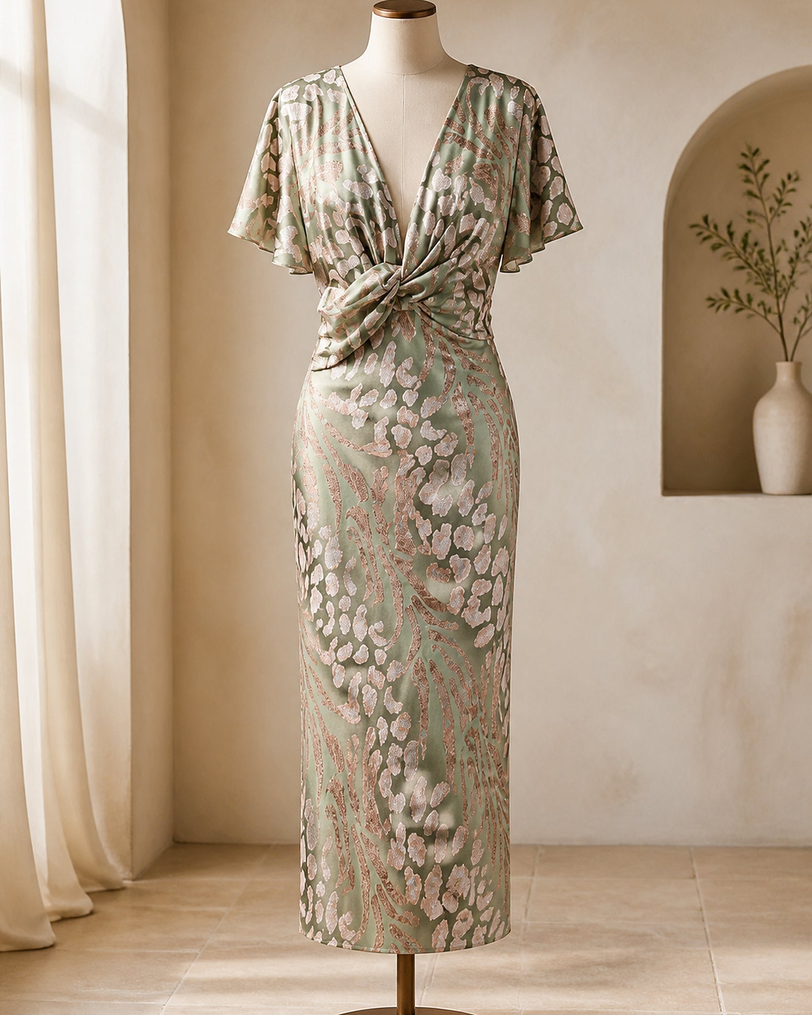 Simona - rochie midi satinată prezentată pe manechin
