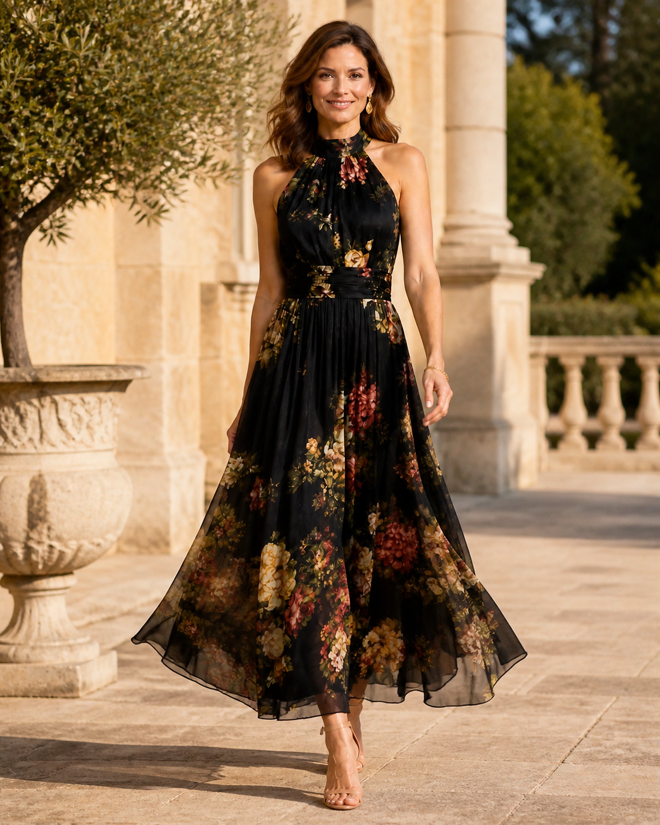 Rochie Sior floral negru – model în exterior