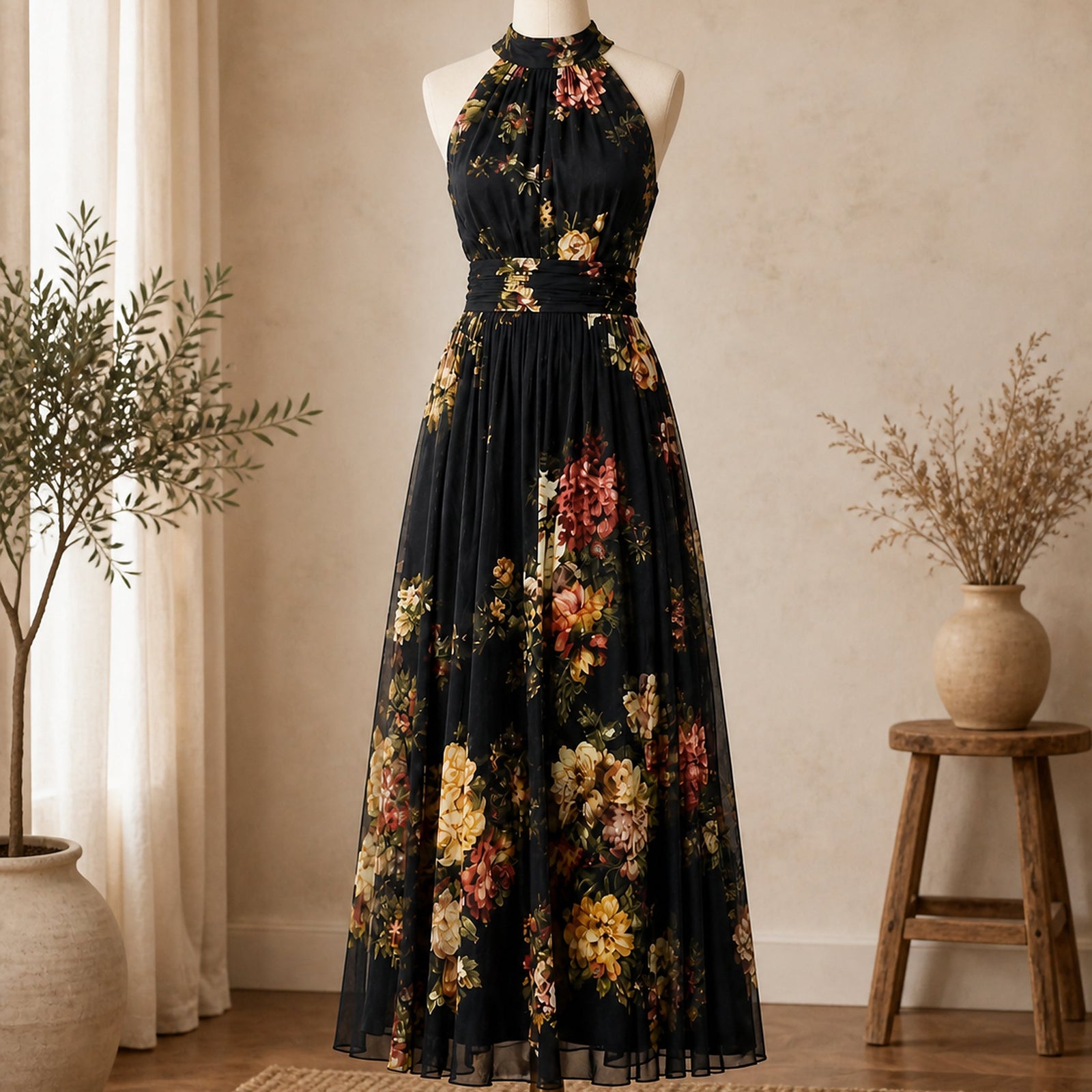 Rochie Sior floral negru – prezentare pe manechin