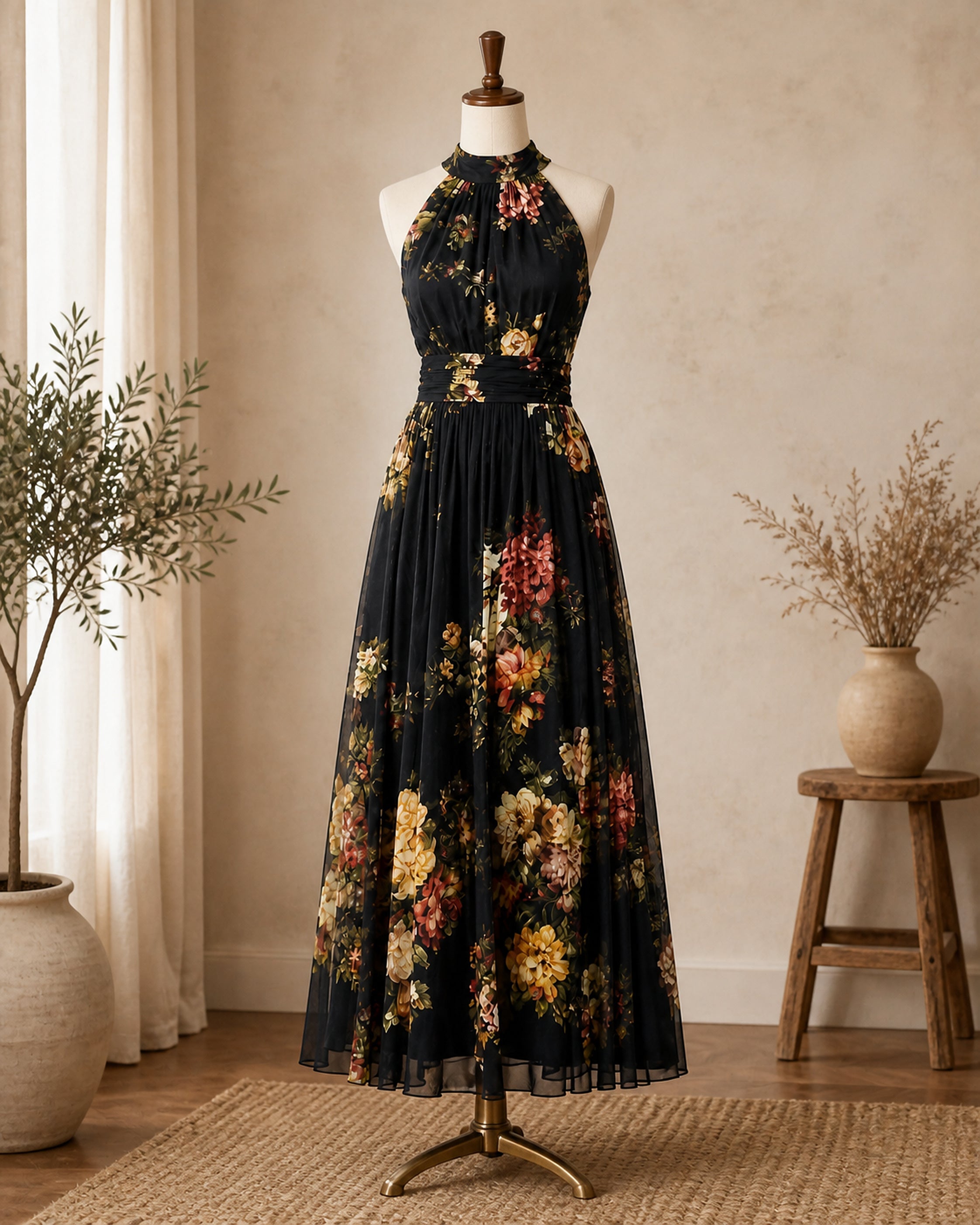 Rochie Sior floral negru – prezentare pe manechin