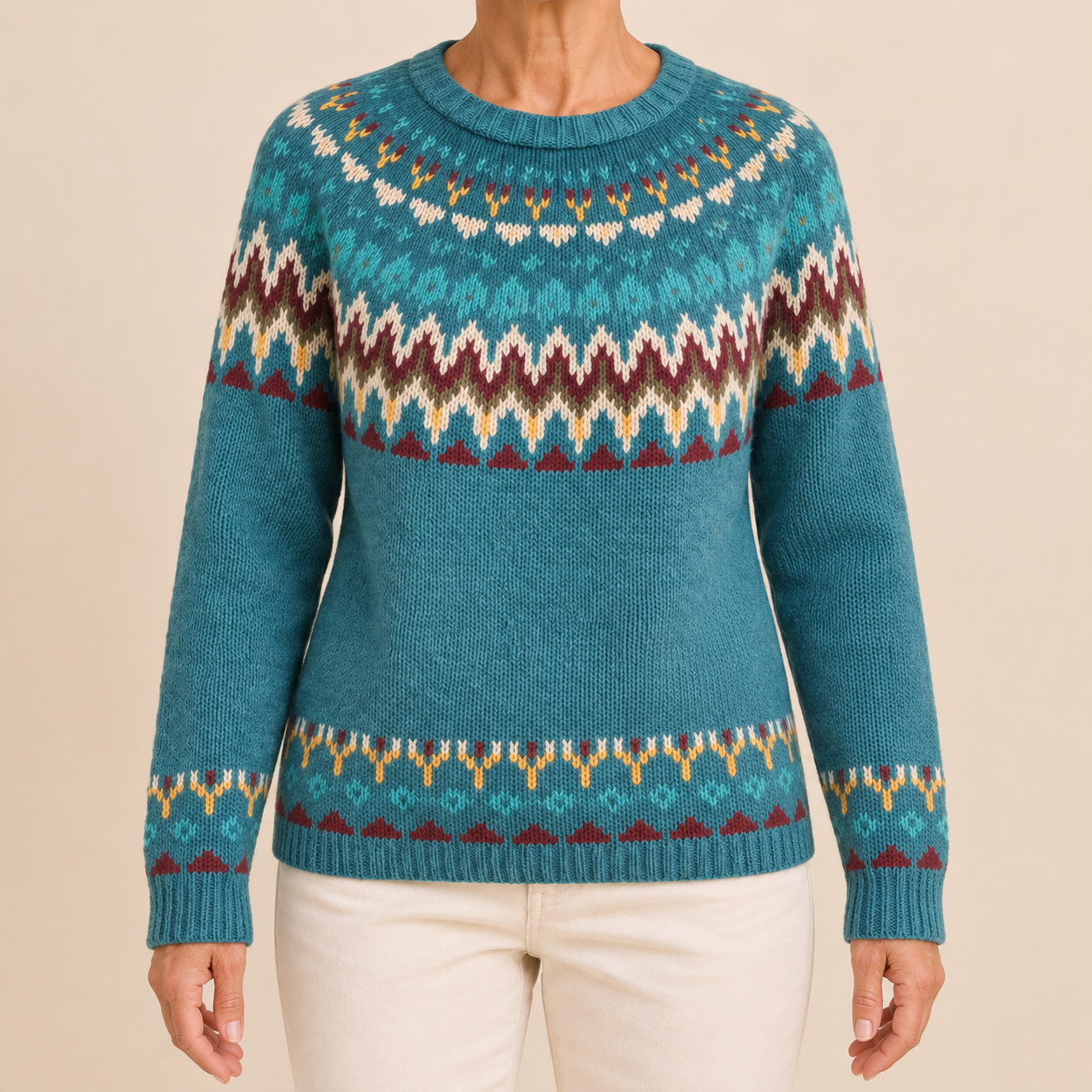 Smaranda – Petrolfarbener Fair-Isle-Pullover, vollständige Nahansicht