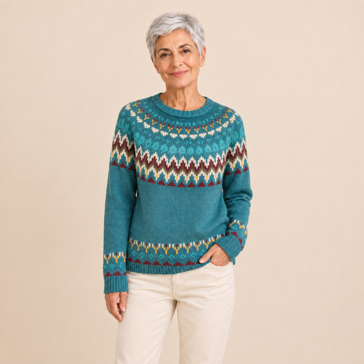 Smaranda – Fair-Isle-Pullover an Model auf beigem Hintergrund