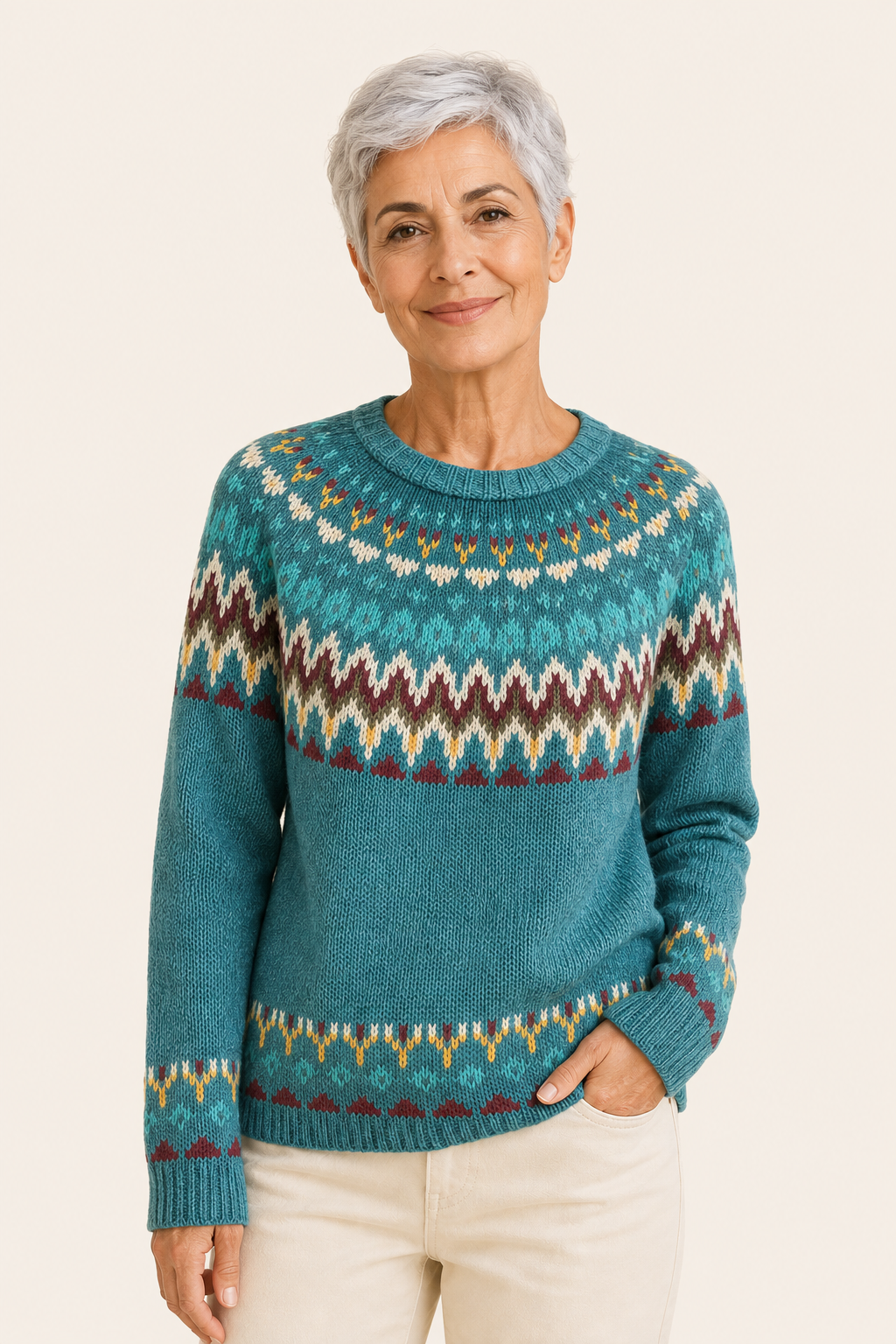 Smaranda petrolfarbener Fair-Isle-Pullover an reifer Frau auf warmem beigem Hintergrund