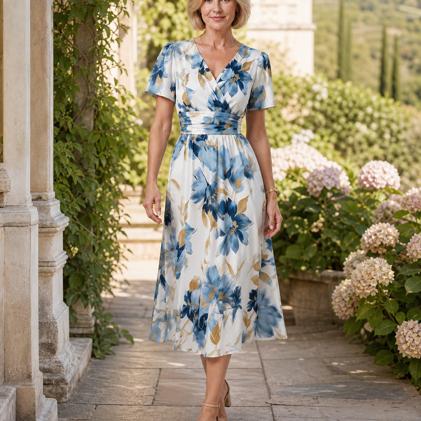 Sofia – rochie florală purtată în exterior