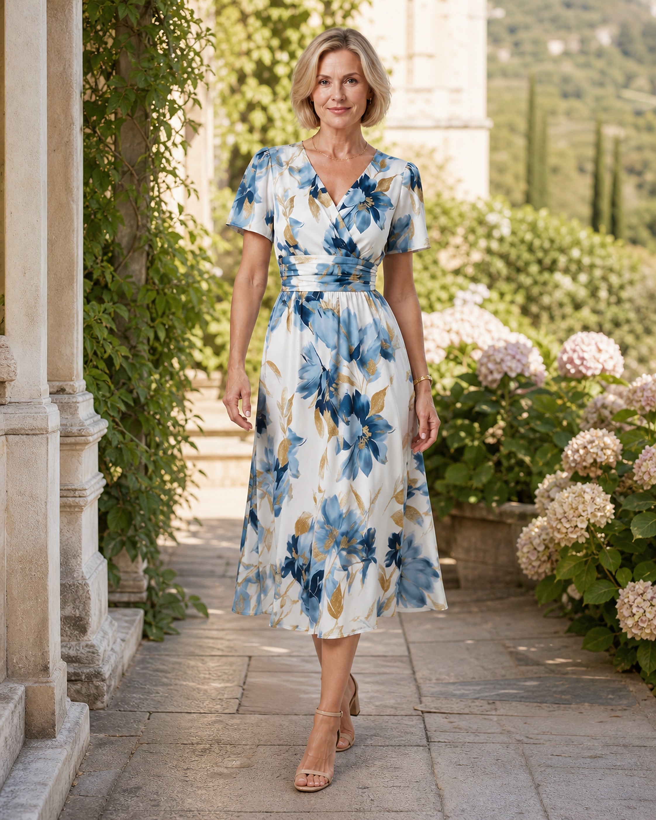 Sofia – rochie florală purtată în exterior