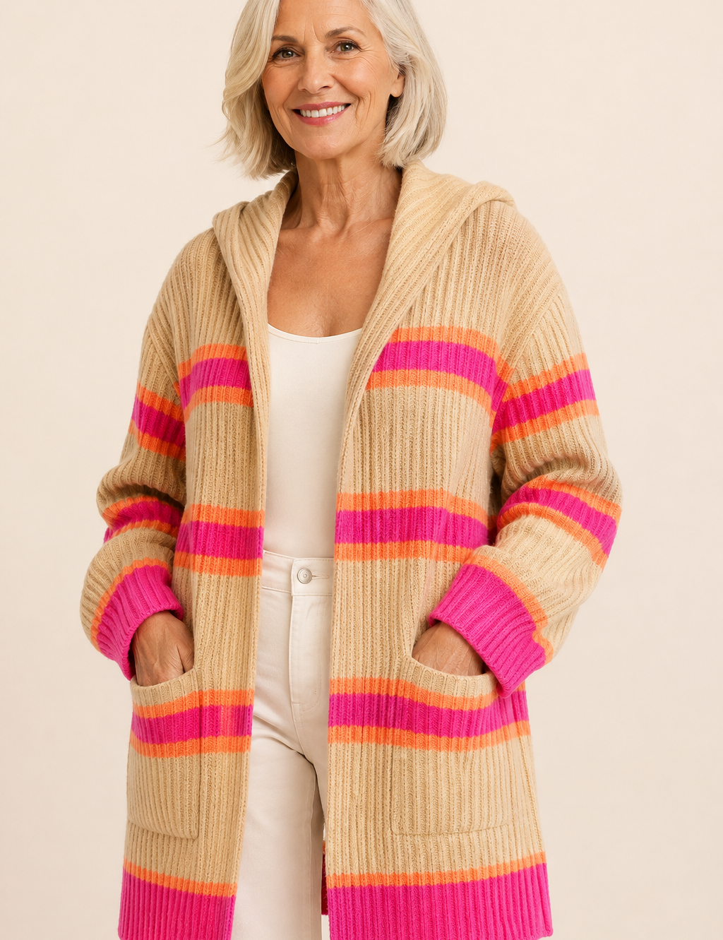 Sonia beige Sommerstrickjacke mit pinken Streifen an reifer Frau auf warmem beigem Hintergrund
