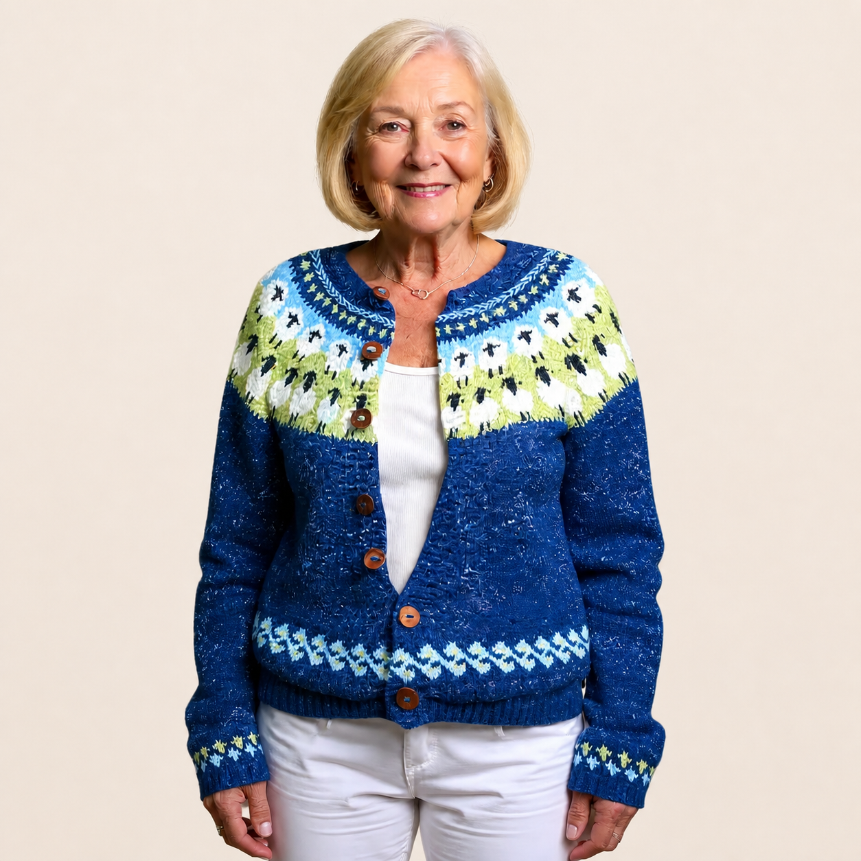 Sophie | Vintage-Icelandic Cardigan – warmbeiger Studiohintergrund