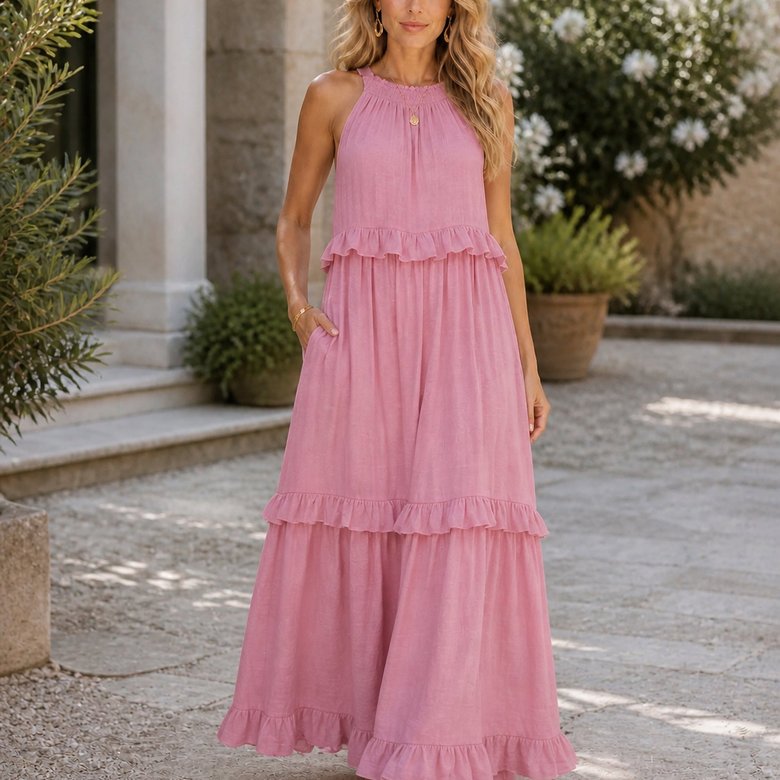 Sorina rochie maxi roz - purtata in exterior