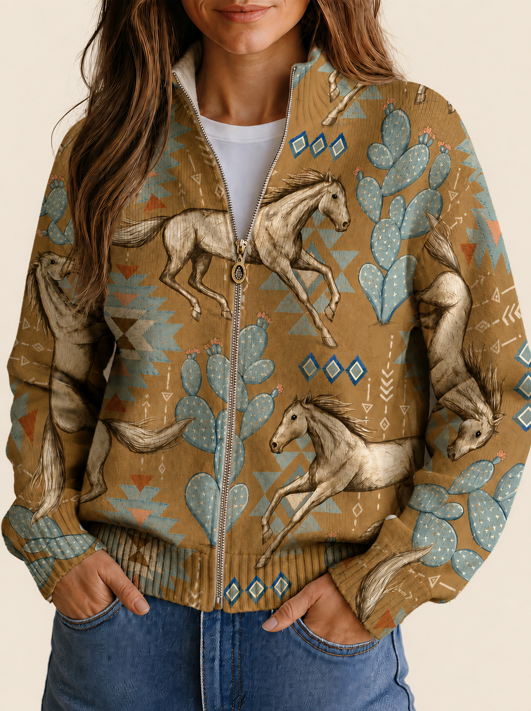 Damen Cardigan mit Southwestern horse und cactus pattern – warmbeiger Studiohintergrund