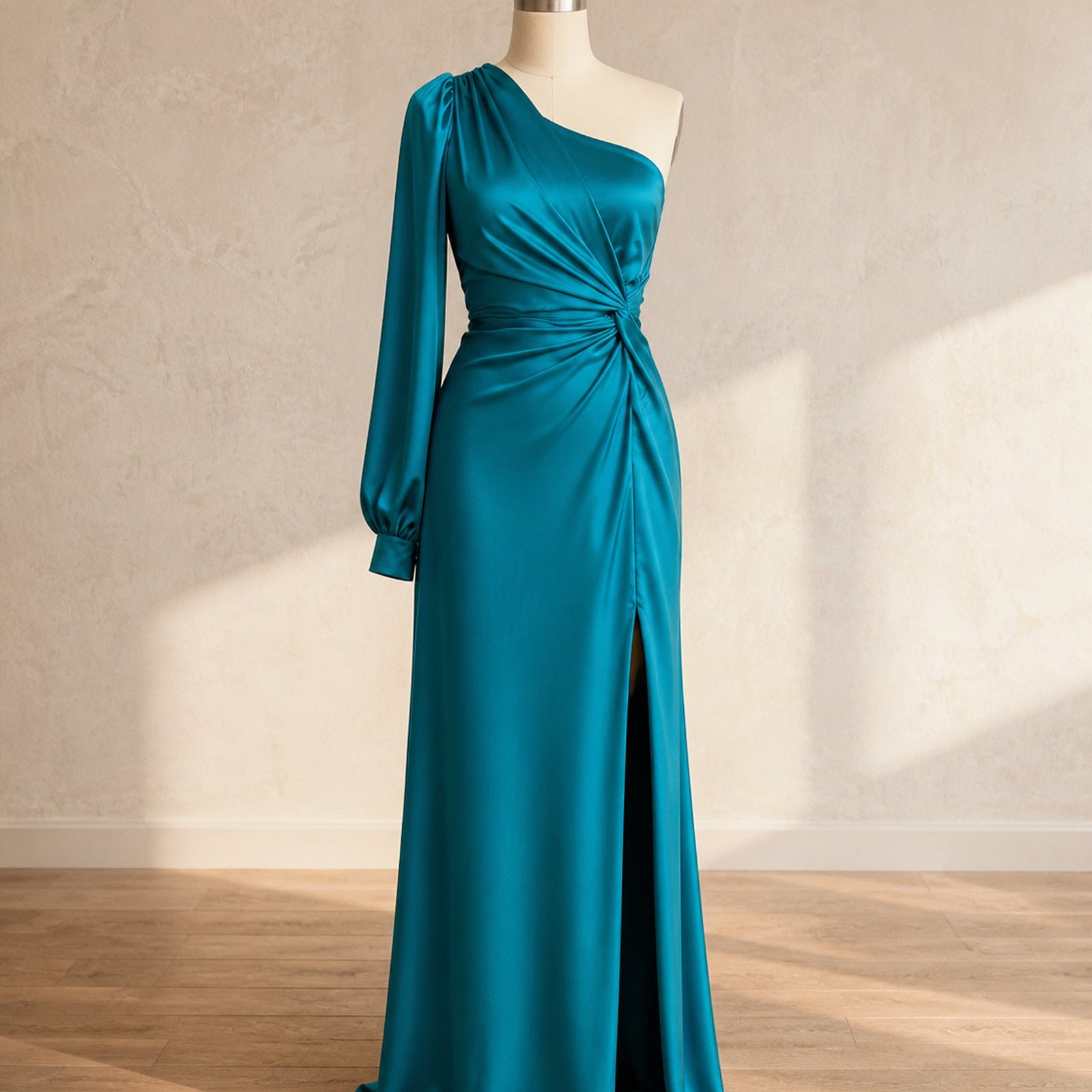 Rochie maxi din satin turcoaz Stela prezentată complet pe manechin