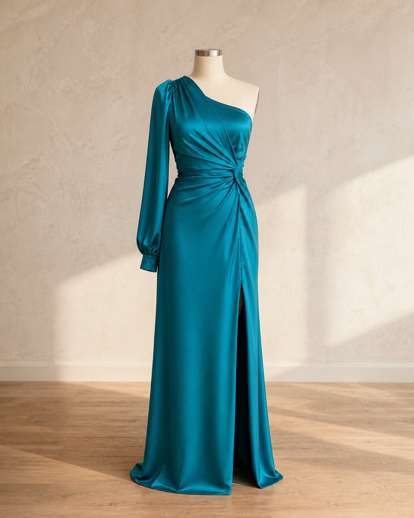 Rochie maxi din satin turcoaz Stela prezentată complet pe manechin