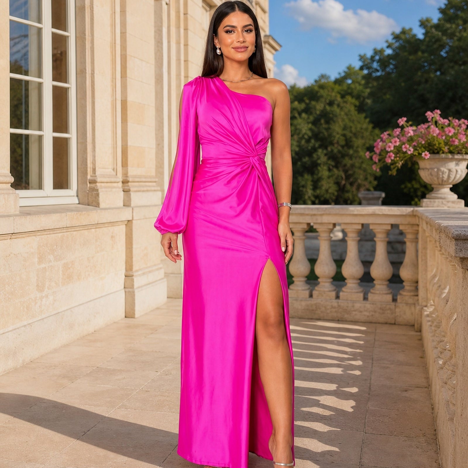 Stela în rochie maxi din satin fuchsia, vedere frontală în exterior