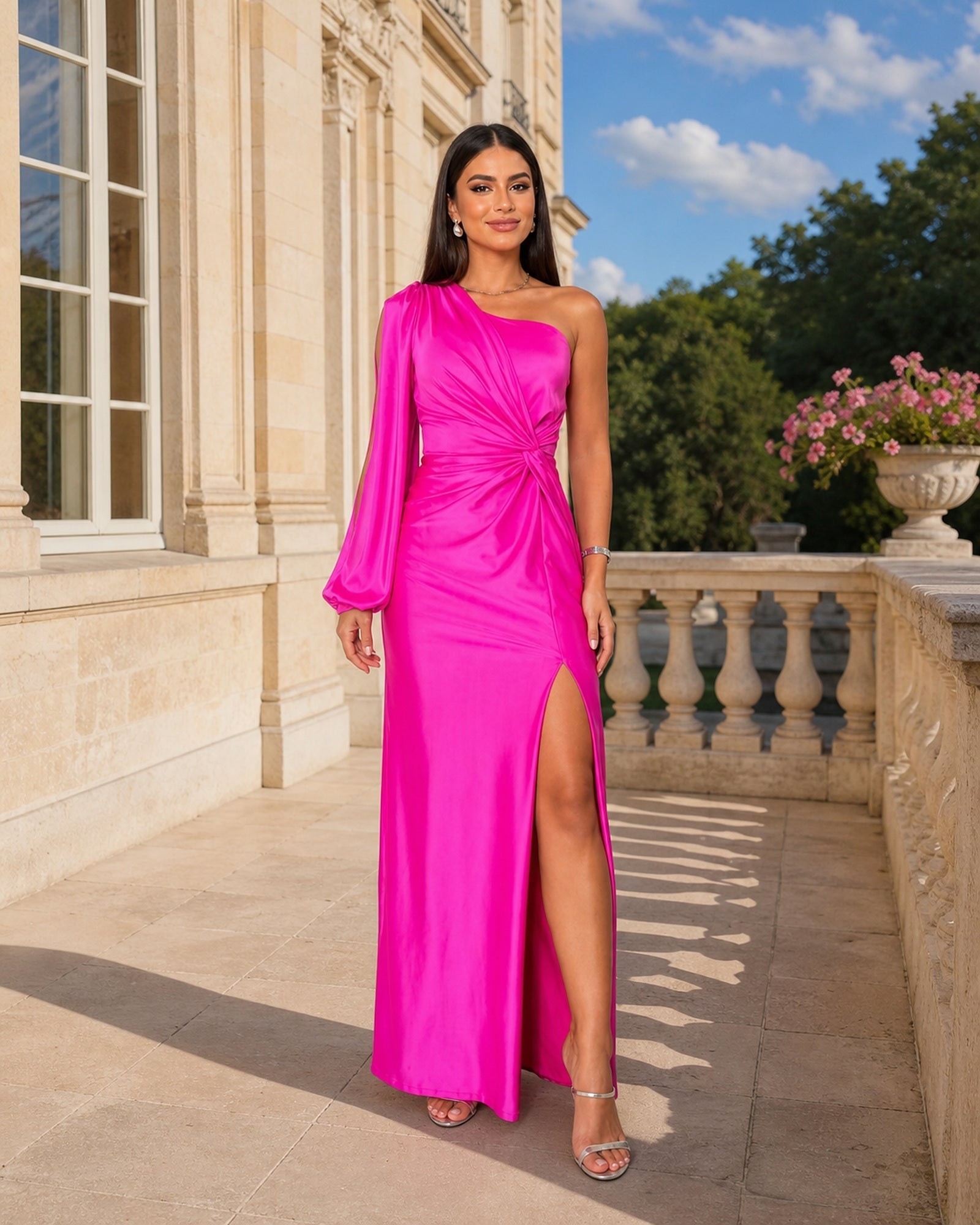 Stela în rochie maxi din satin fuchsia, vedere frontală în exterior