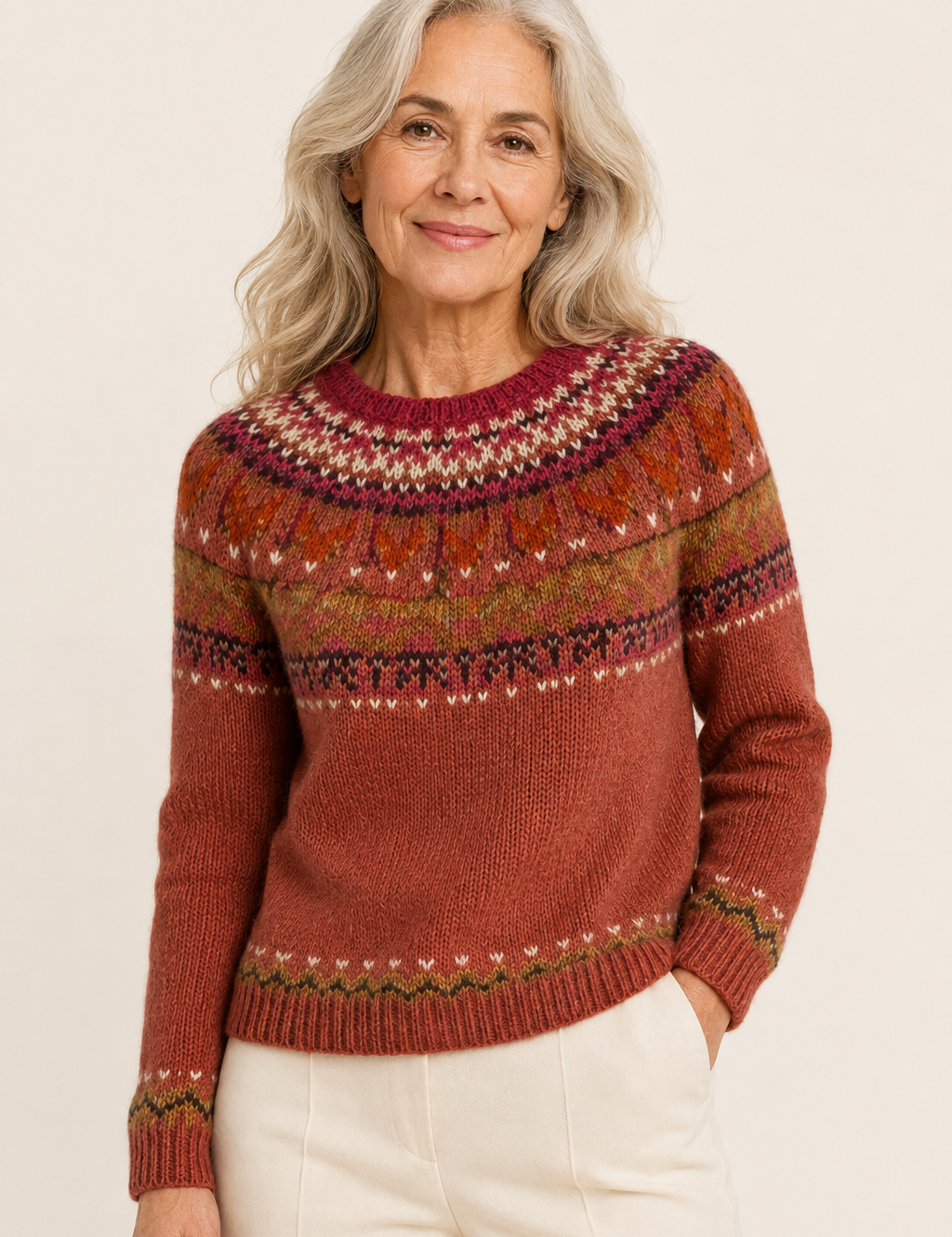 Stela rostfarbener Norwegerpullover an reifer Frau auf warmem beigem Hintergrund