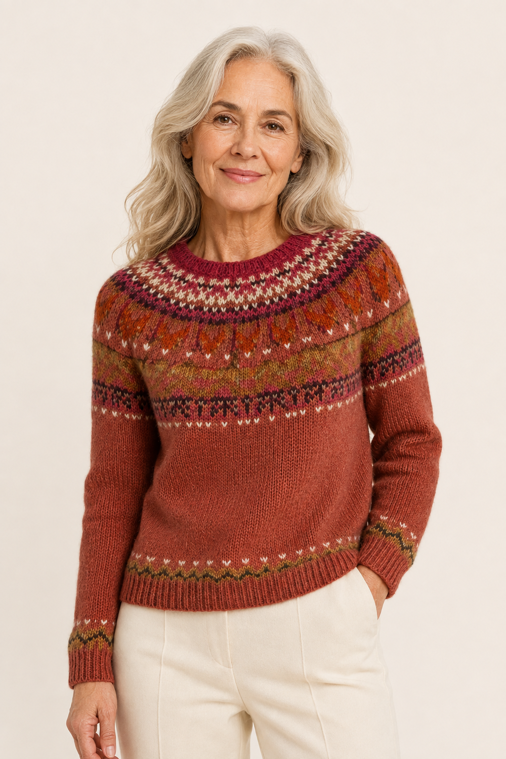 Stela rostfarbener Norwegerpullover an reifer Frau auf warmem beigem Hintergrund