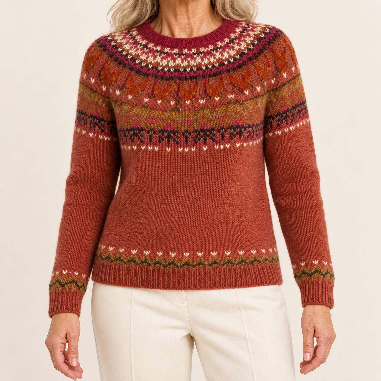 Stela – Rostroter Norwegerpullover, vollständige Nahansicht