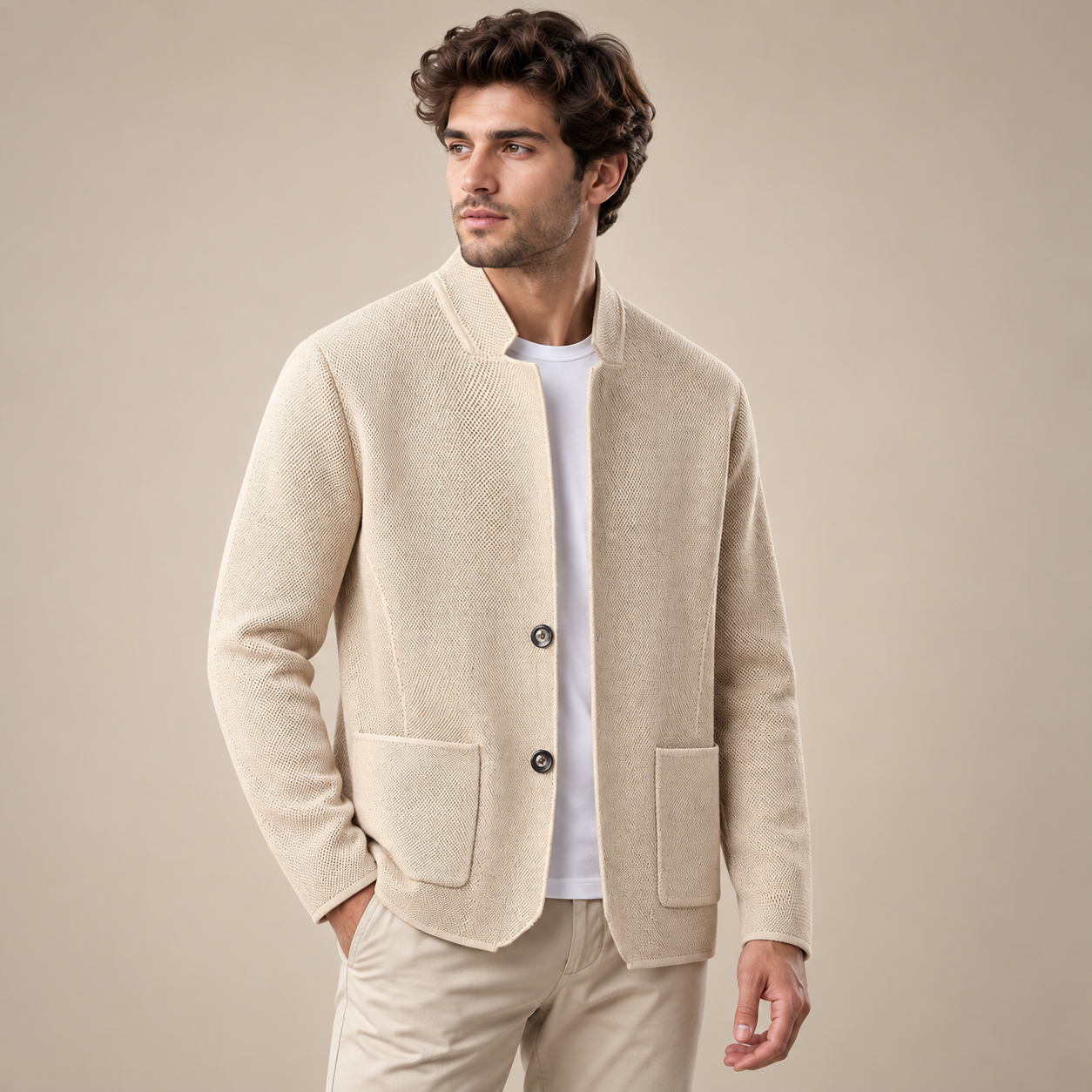 Lässige Herren-Strickjacke in Khaki, cremefarbene Feinstrickjacke am Model