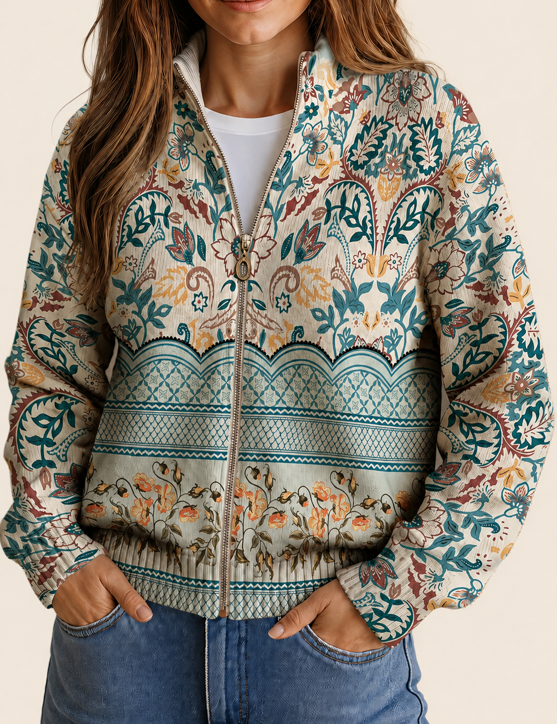 Sybilla | Damen lang-sleeve Cardigan mit floral pattern und stand-up collar – warmbeiger Studiohintergrund