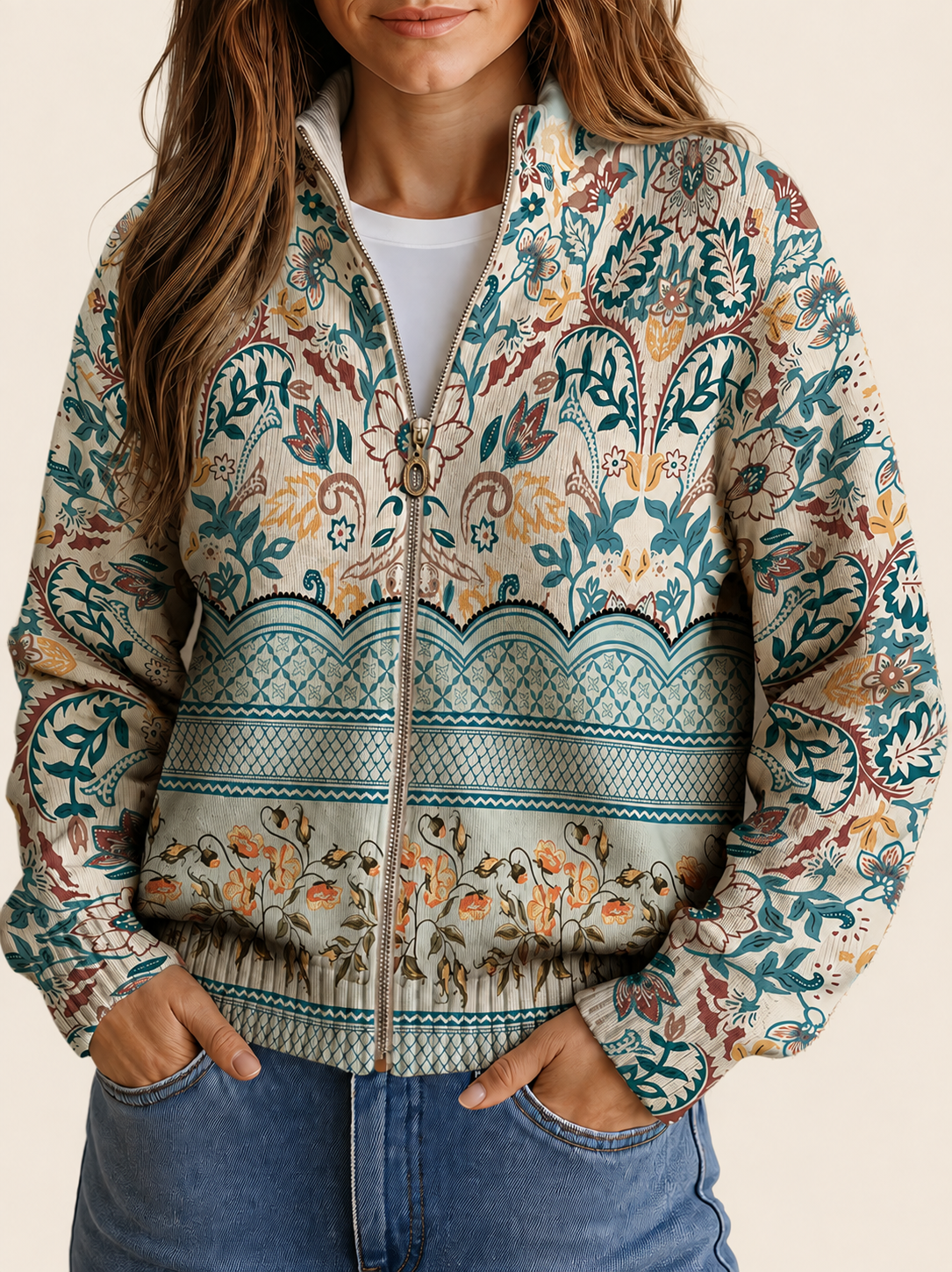 Sybilla | Damen lang-sleeve Cardigan mit floral pattern und stand-up collar – warmbeiger Studiohintergrund