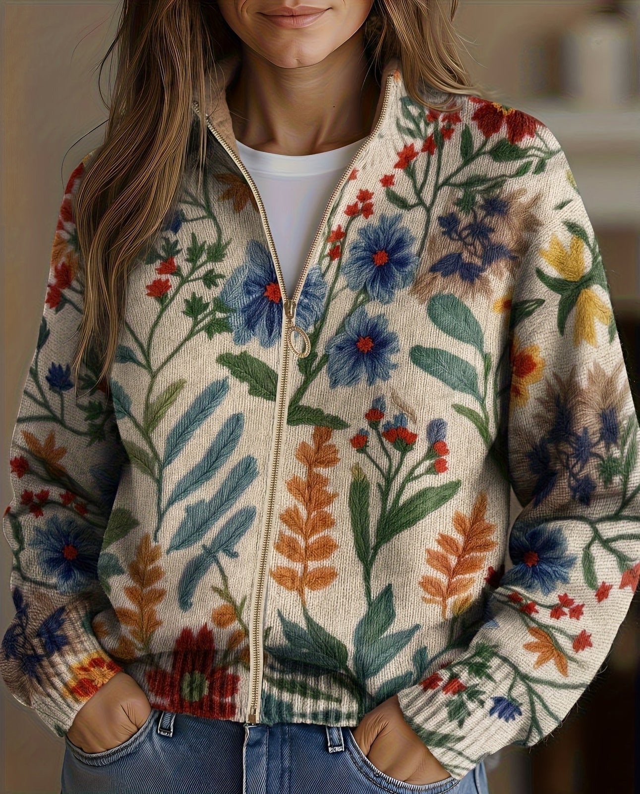 Tabitha | Zip-Cardigan mit Blumenmuster und Taschen – Bild 1